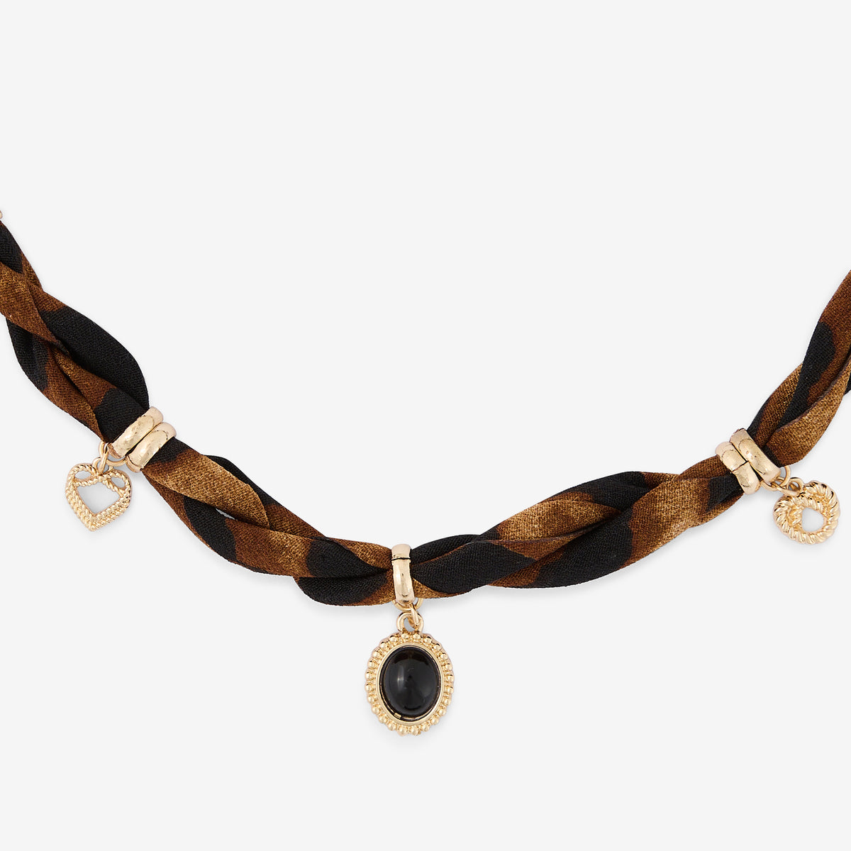 Collier tissu à breloques marron et doré