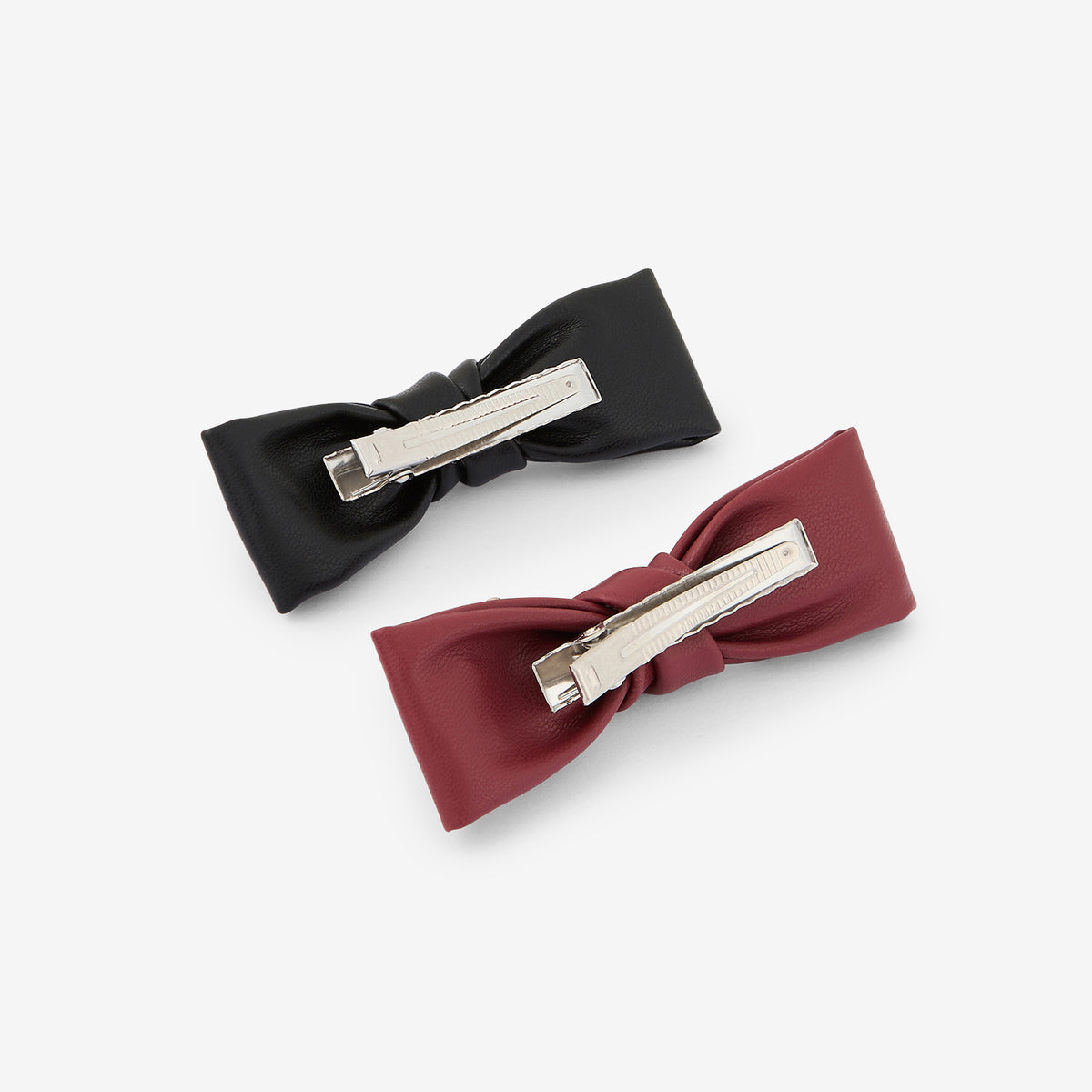 Set de 2 barrettes nœud à cheveux effet cuir bordeaux et noir