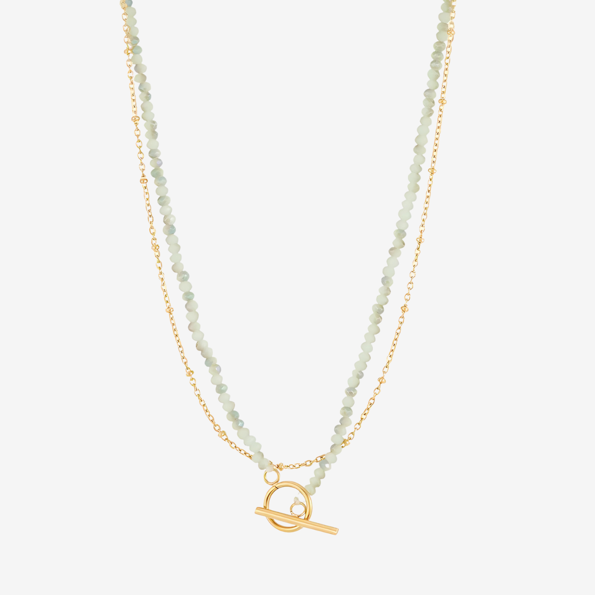 Collier 2 rangs acier inoxydable et pierres à facettes vert et doré