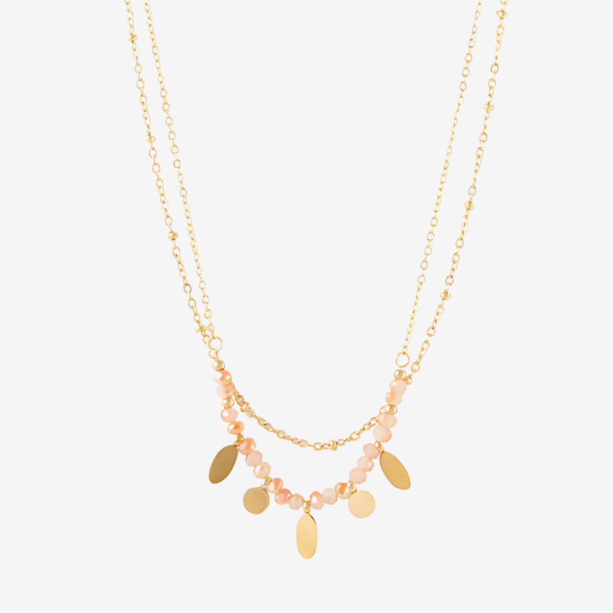 Collier 2 rangs acier inoxydable et perles à facettes roses