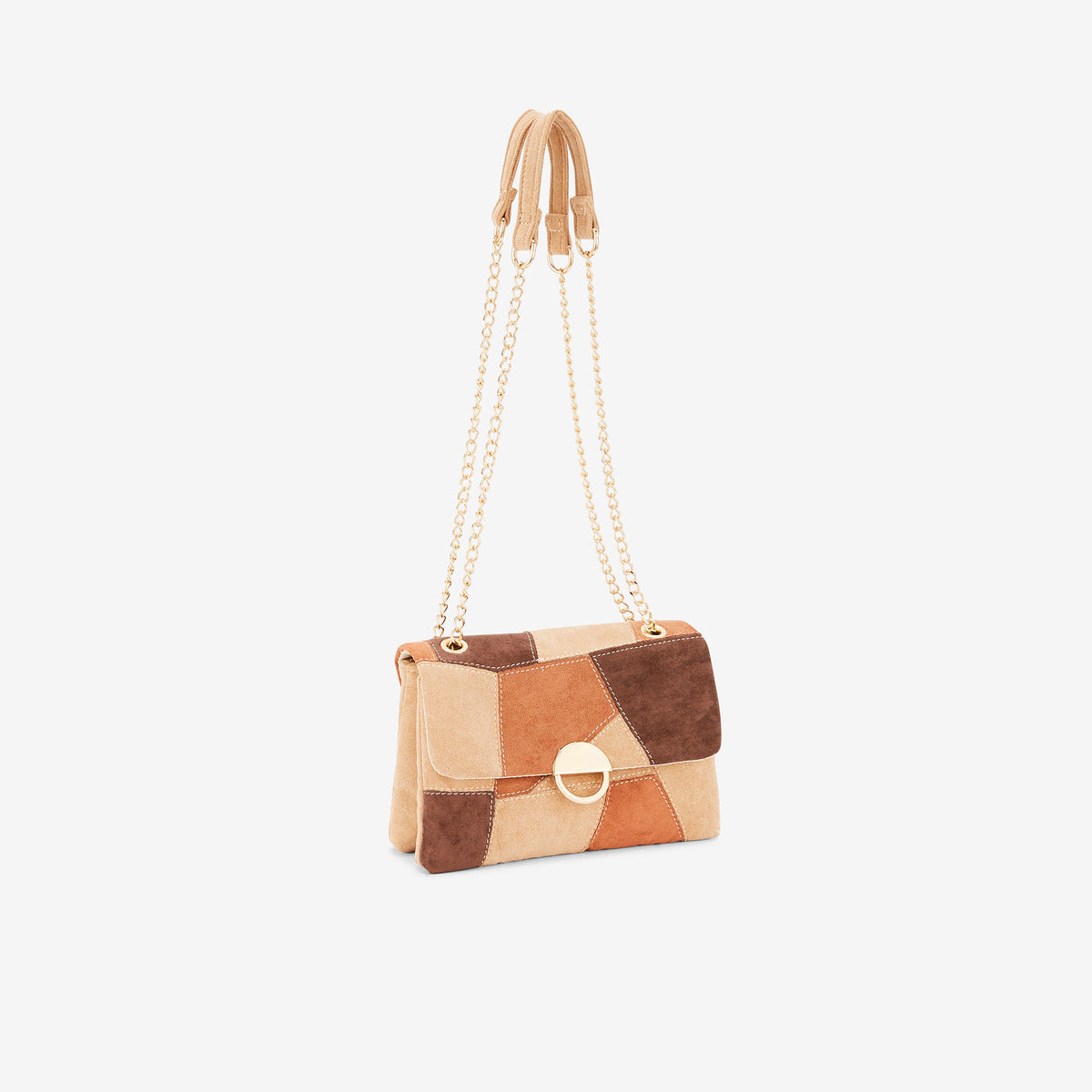 Sac à bandoulière patchwork effet suédé tons marrons