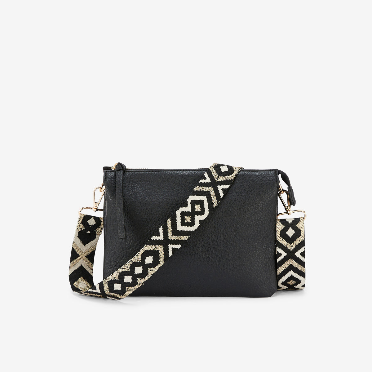 Sac à bandoulière tri-pocket noir avec bandoulière à motif