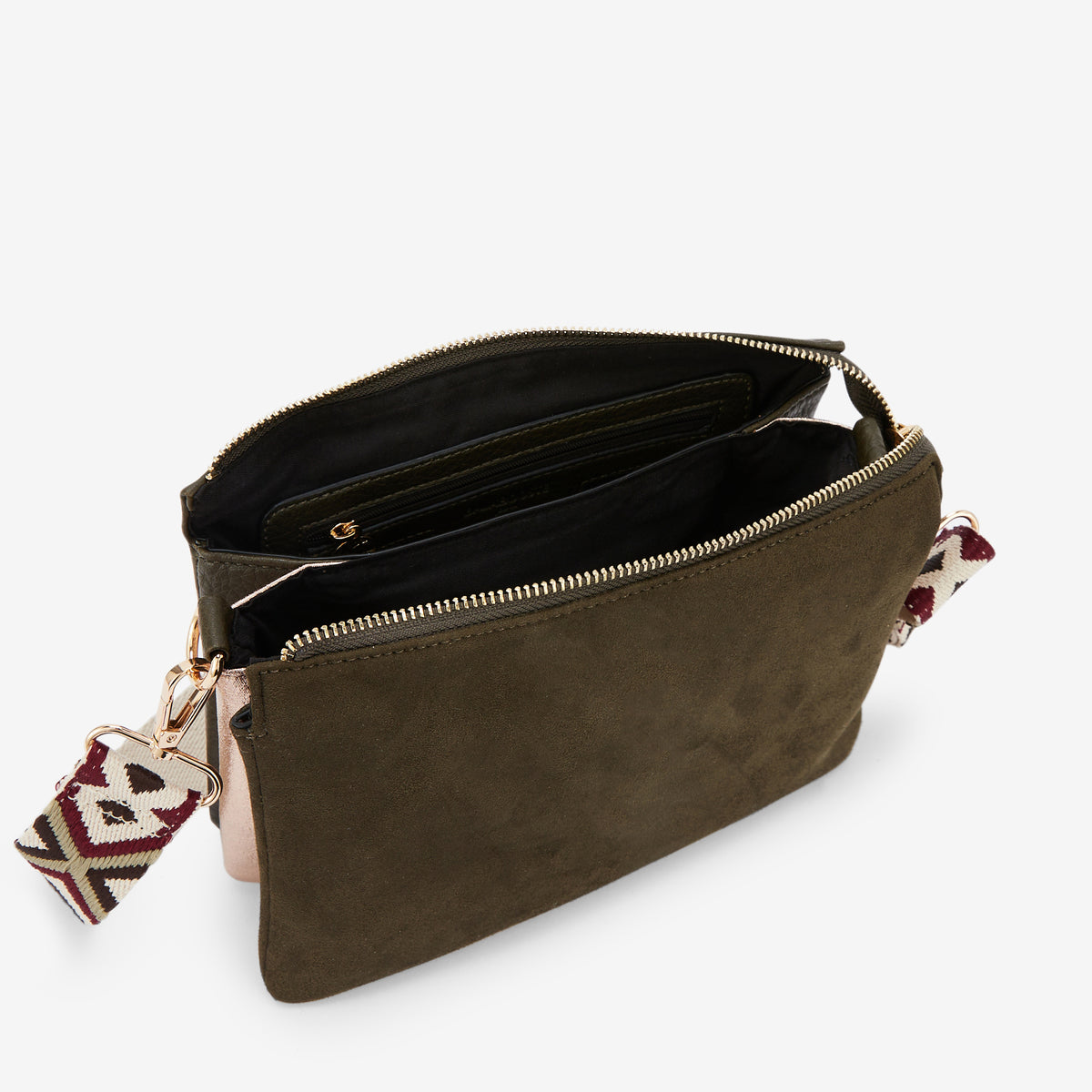 Sac à bandoulière tri-pocket kaki avec bandoulière à motif