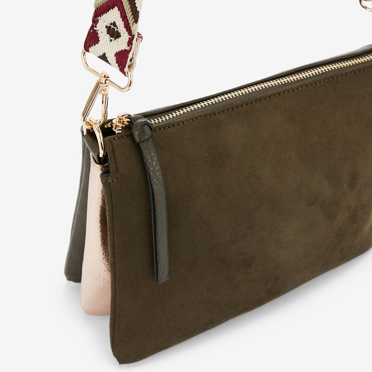 Sac à bandoulière tri-pocket kaki avec bandoulière à motif