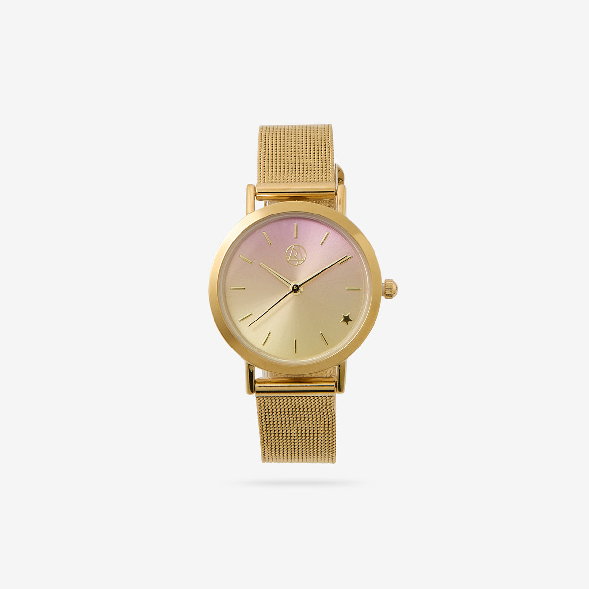 Montre cadran rond fond arc-en-ciel bracelet maille dorée