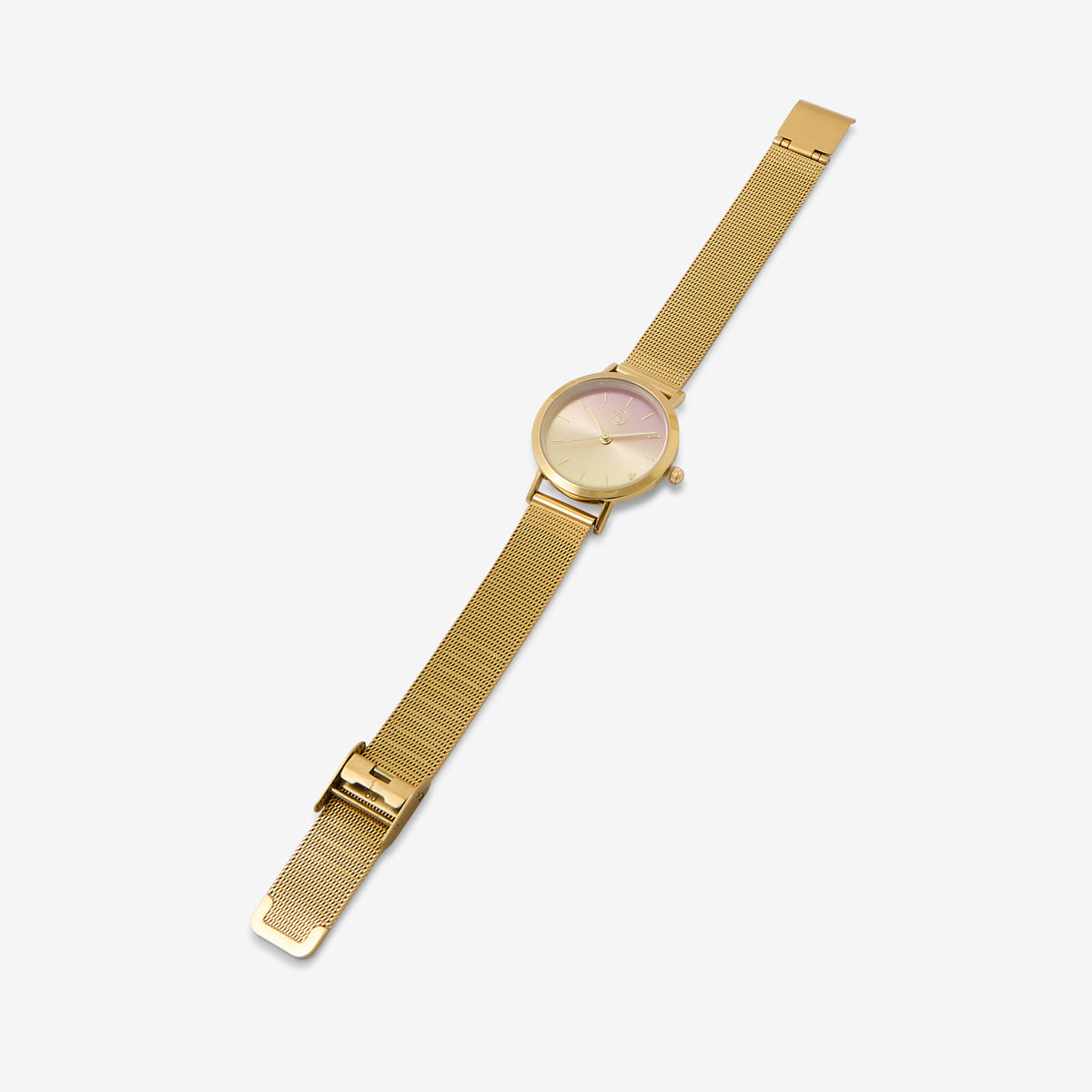 Montre cadran rond fond arc-en-ciel bracelet maille dorée