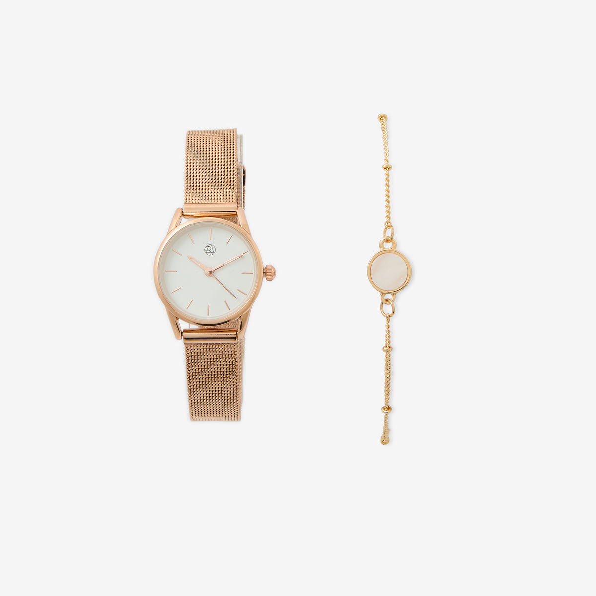 Coffret montre cadran rond bracelet maille dorée rose + bracelet