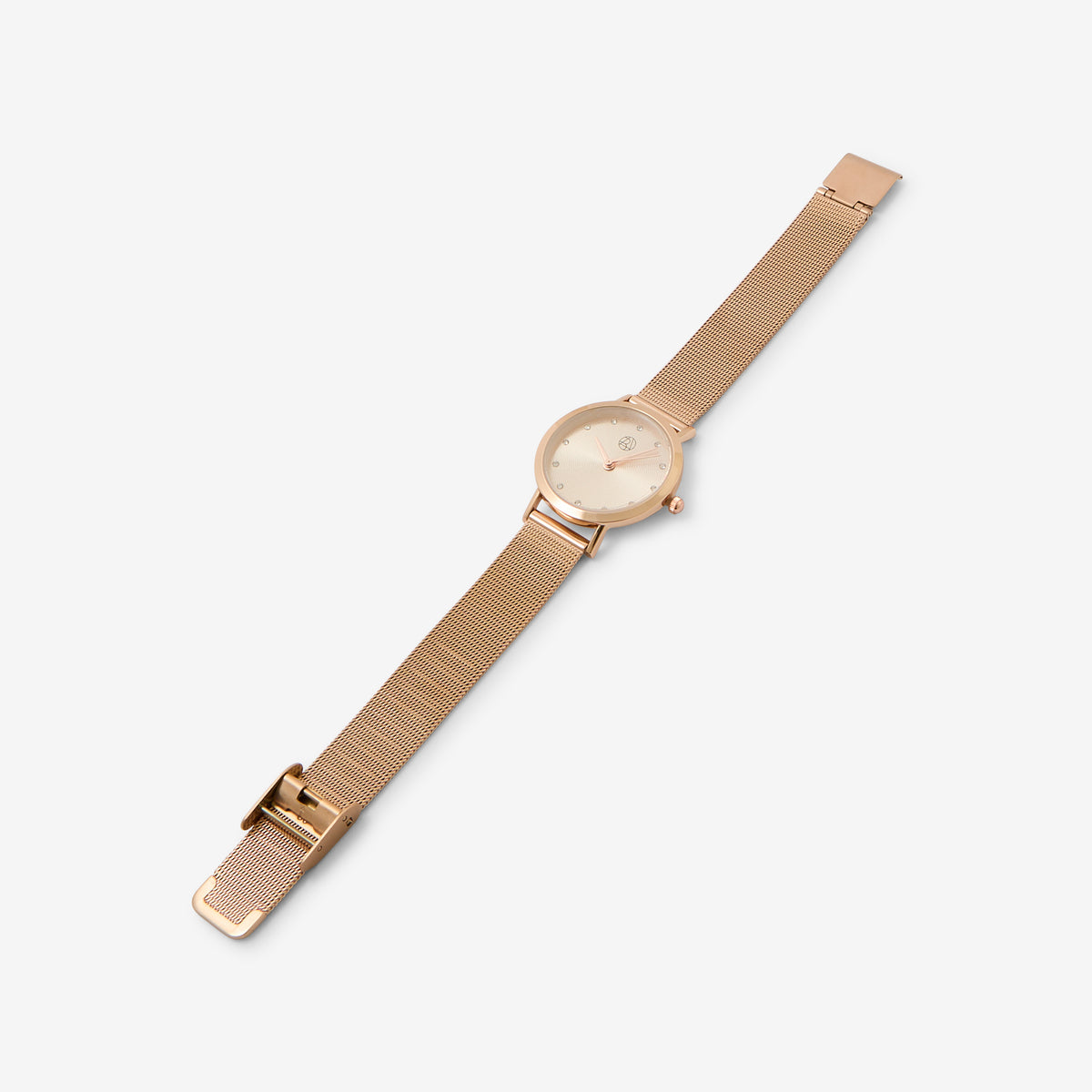 Montre cadran rond à strass bracelet maille milanaise dorée rose