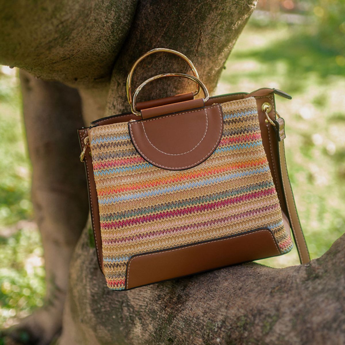 Sac à main à effet paille rayures multicolore