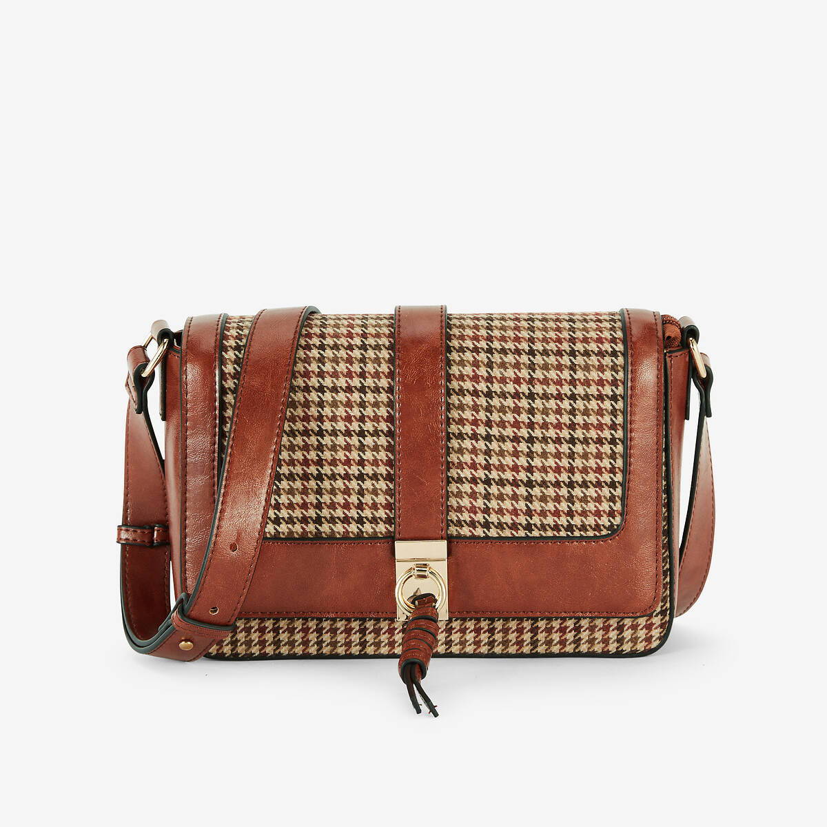 Sac à bandoulière motif pied-de-poule marron