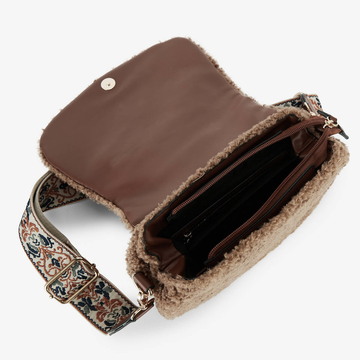 Sac effet mouton marron avec bandoulière à motif