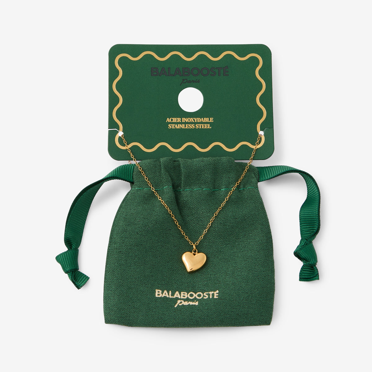 Collier pochon pendentif coeur acier inoxydable