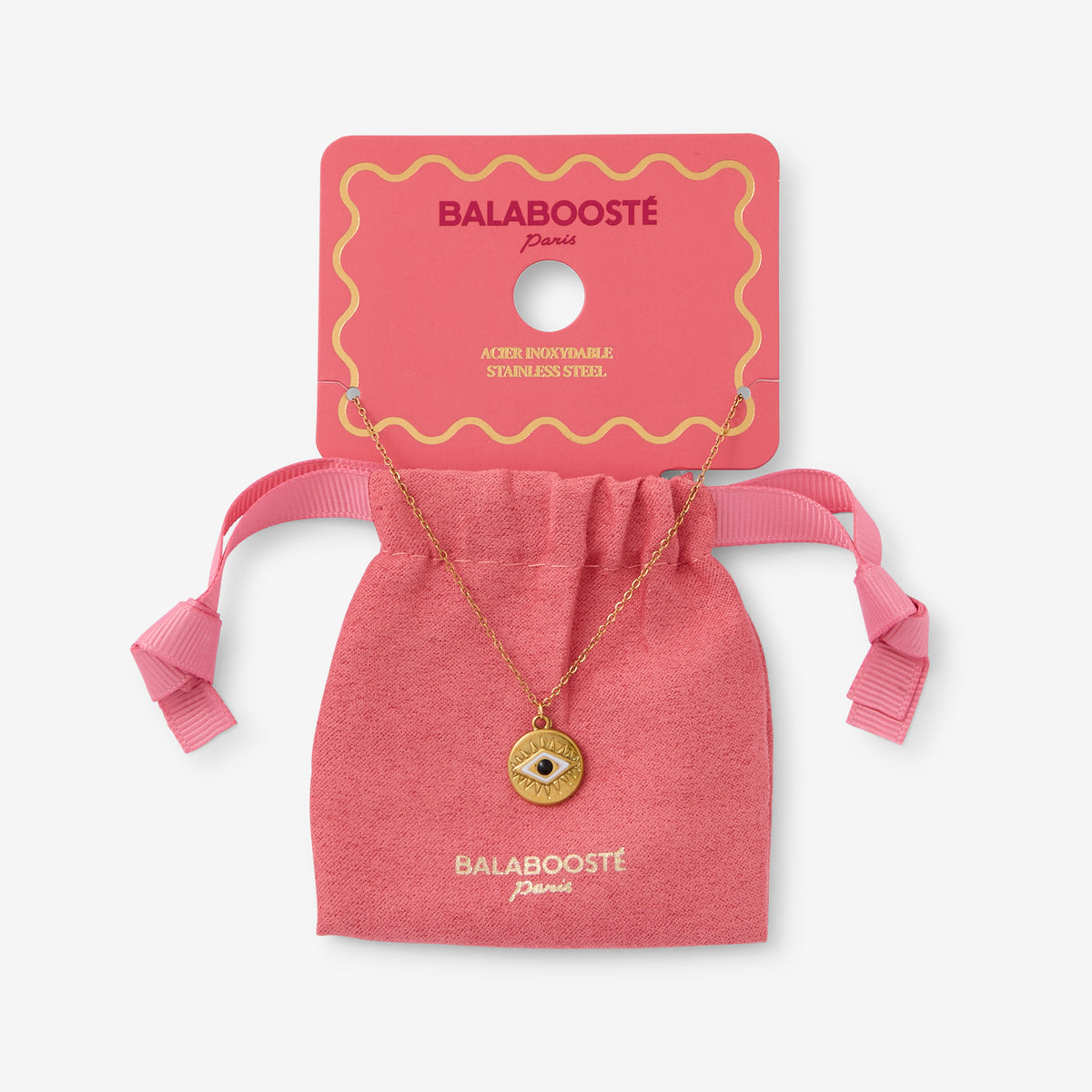 Collier pochon médaillon œil acier inoxydable