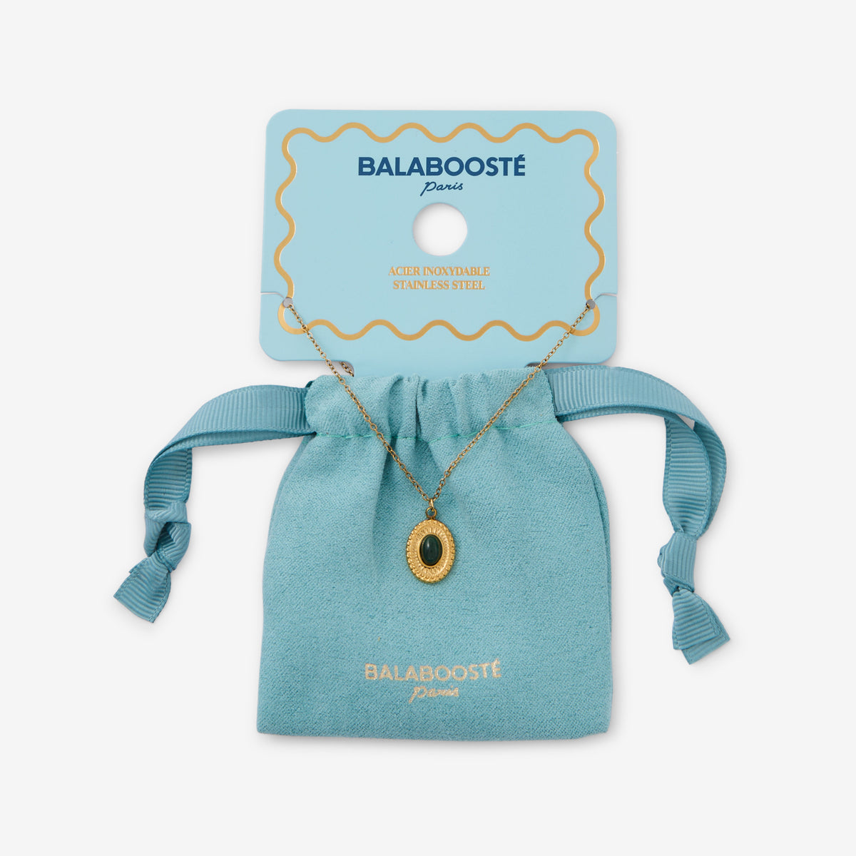 Collier pochon médaillon acier inoxydable et pierre de Jade