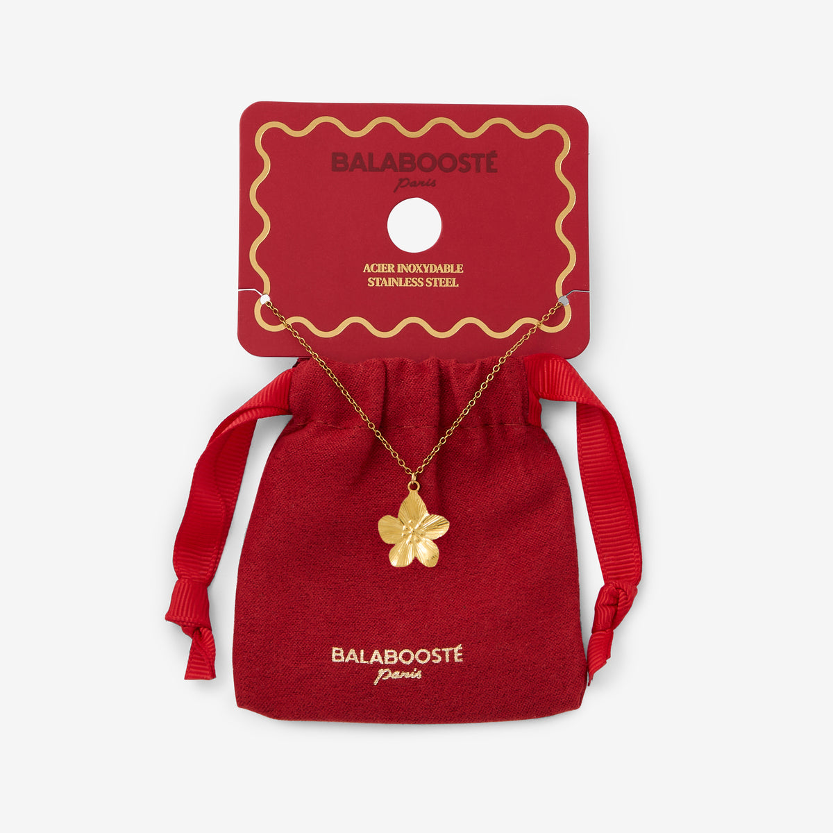 Collier pochon pendentif fleur acier inoxydable