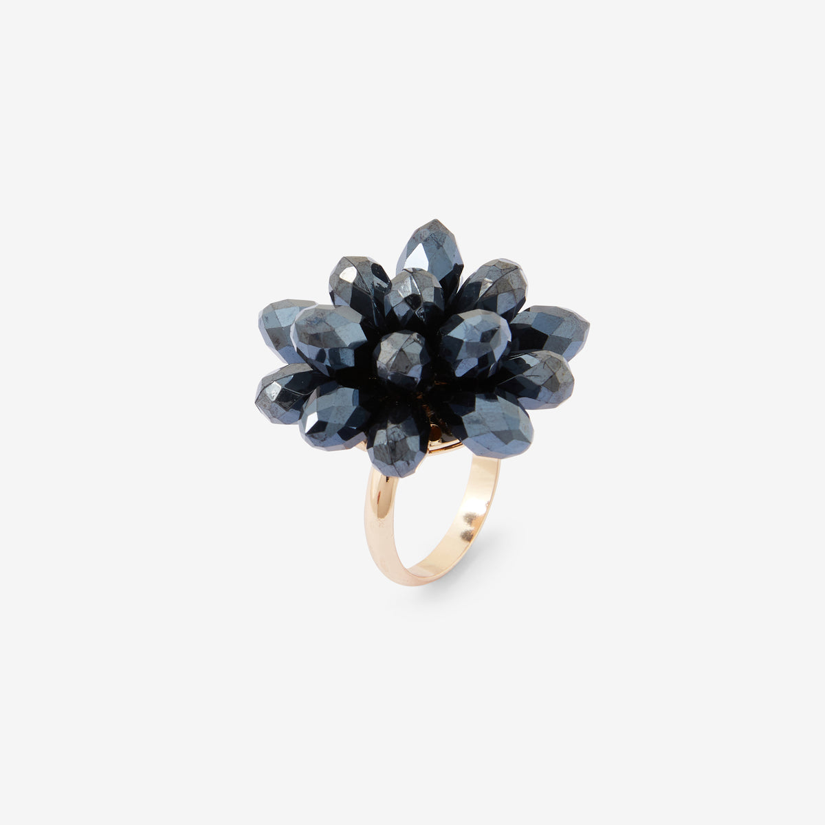 Grosse bague fleur à facettes coloris hématite