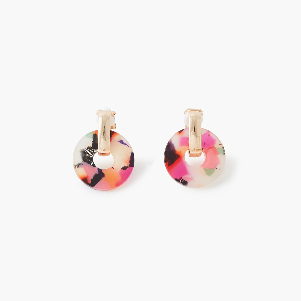 Boucles d'oreilles clips - disques en résine multicolore