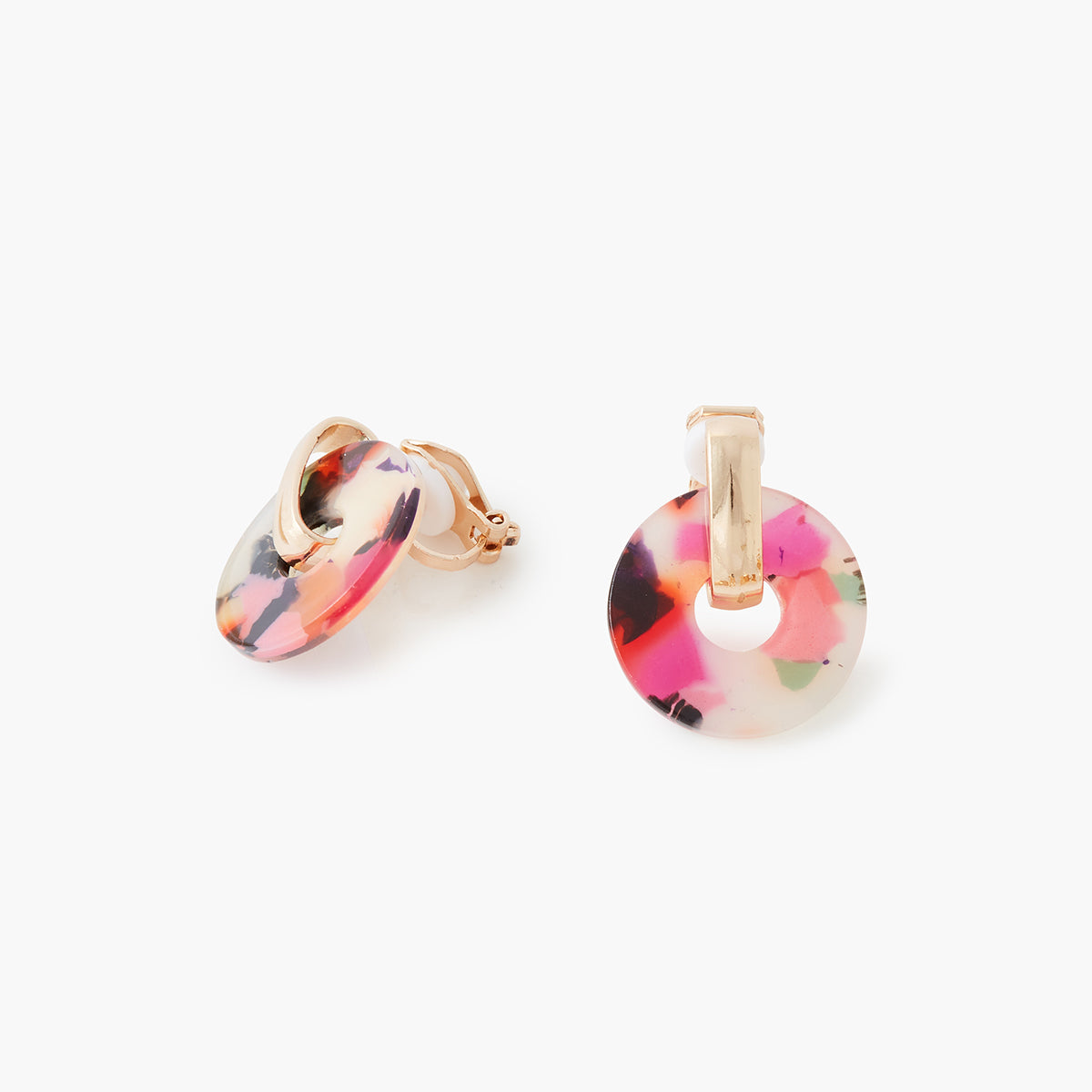Boucles d'oreilles clips - disques en résine multicolore