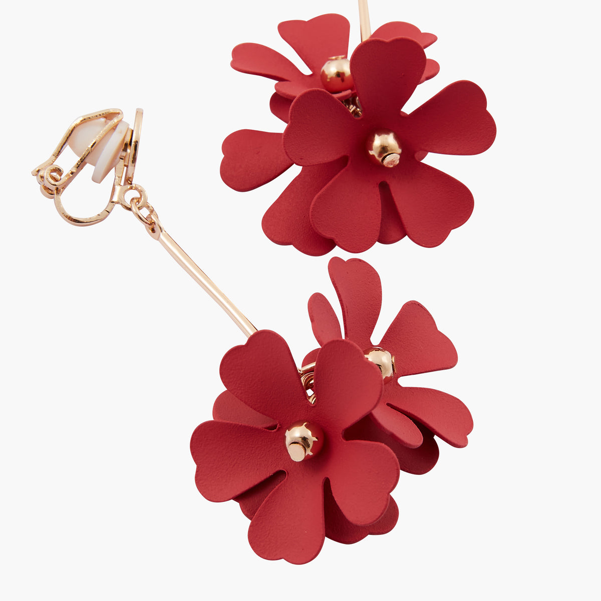 Boucles d'oreilles clips - longues à fleurs rouges