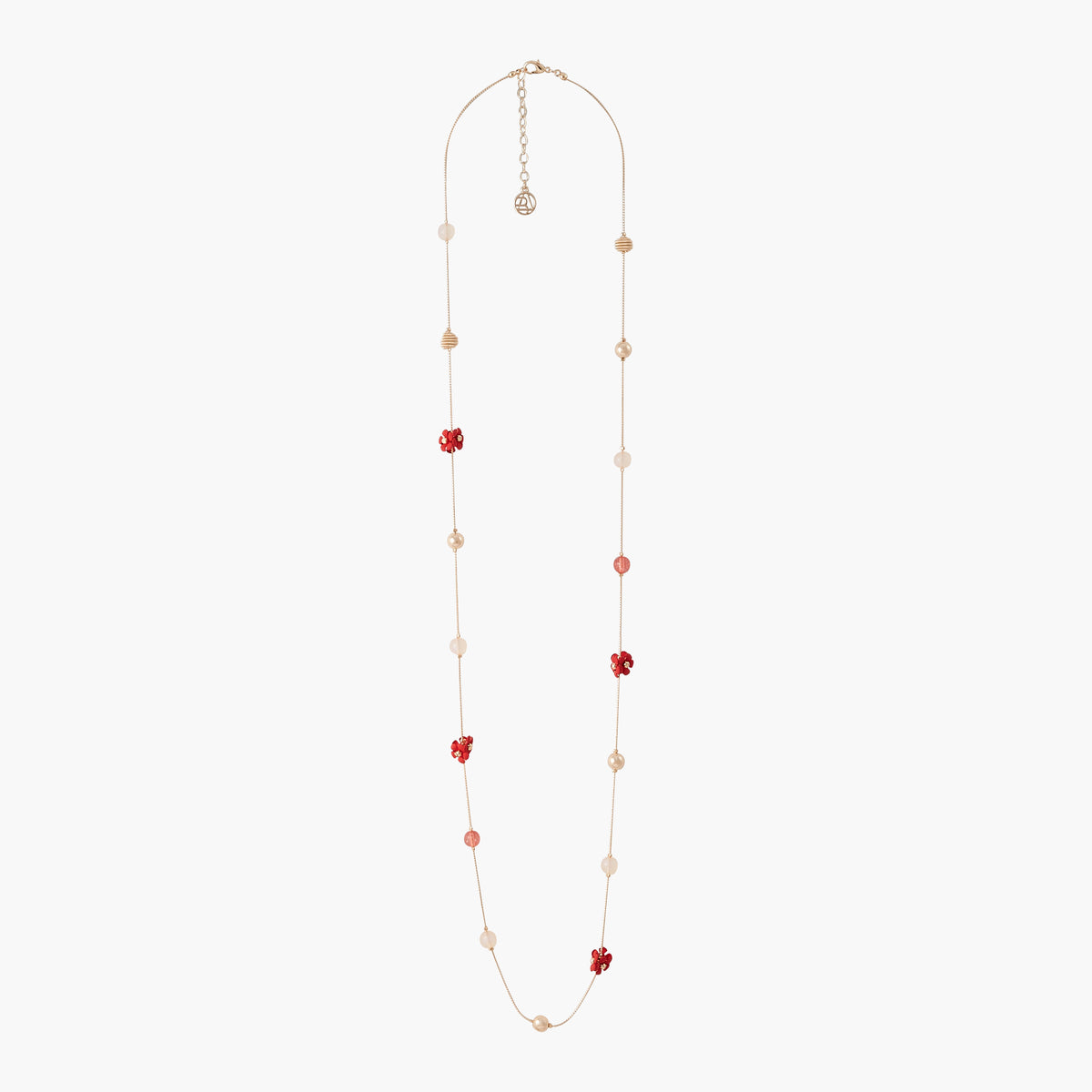 Sautoir perles et fleurs rouges