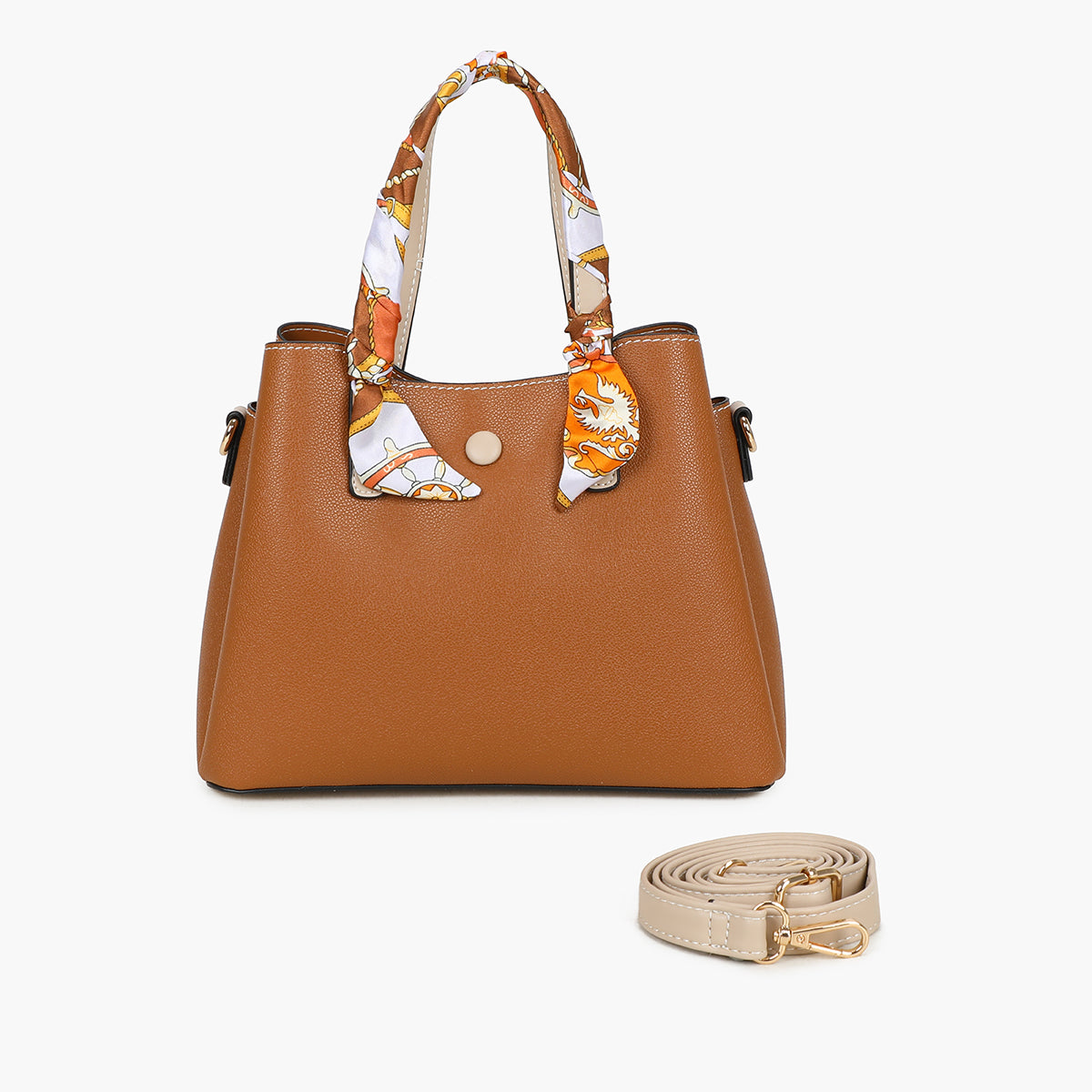 Petit sac à main camel bicolor effet grainé avec foulard