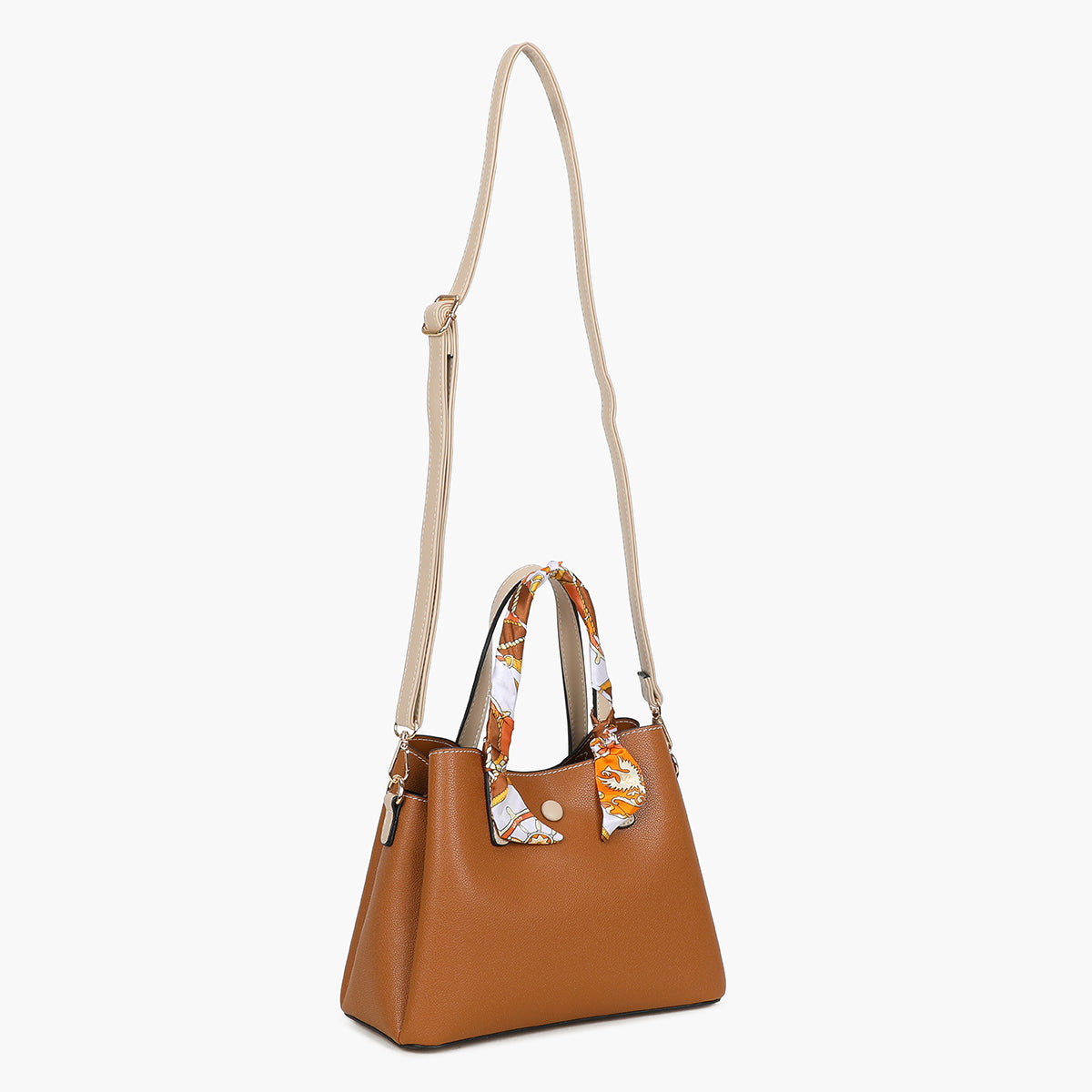 Petit sac à main camel bicolor effet grainé avec foulard