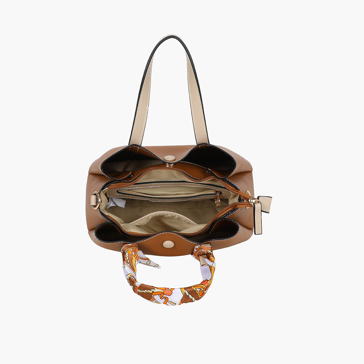 Petit sac à main camel bicolor effet grainé avec foulard