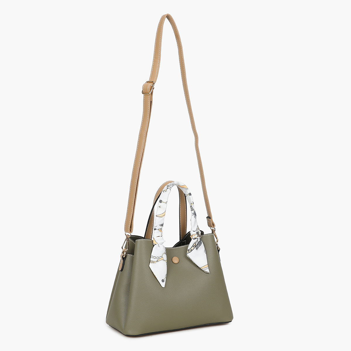 Petit sac à main kaki bicolor effet grainé avec foulard