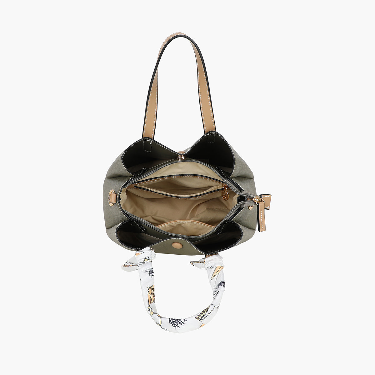 Petit sac à main kaki bicolor effet grainé avec foulard