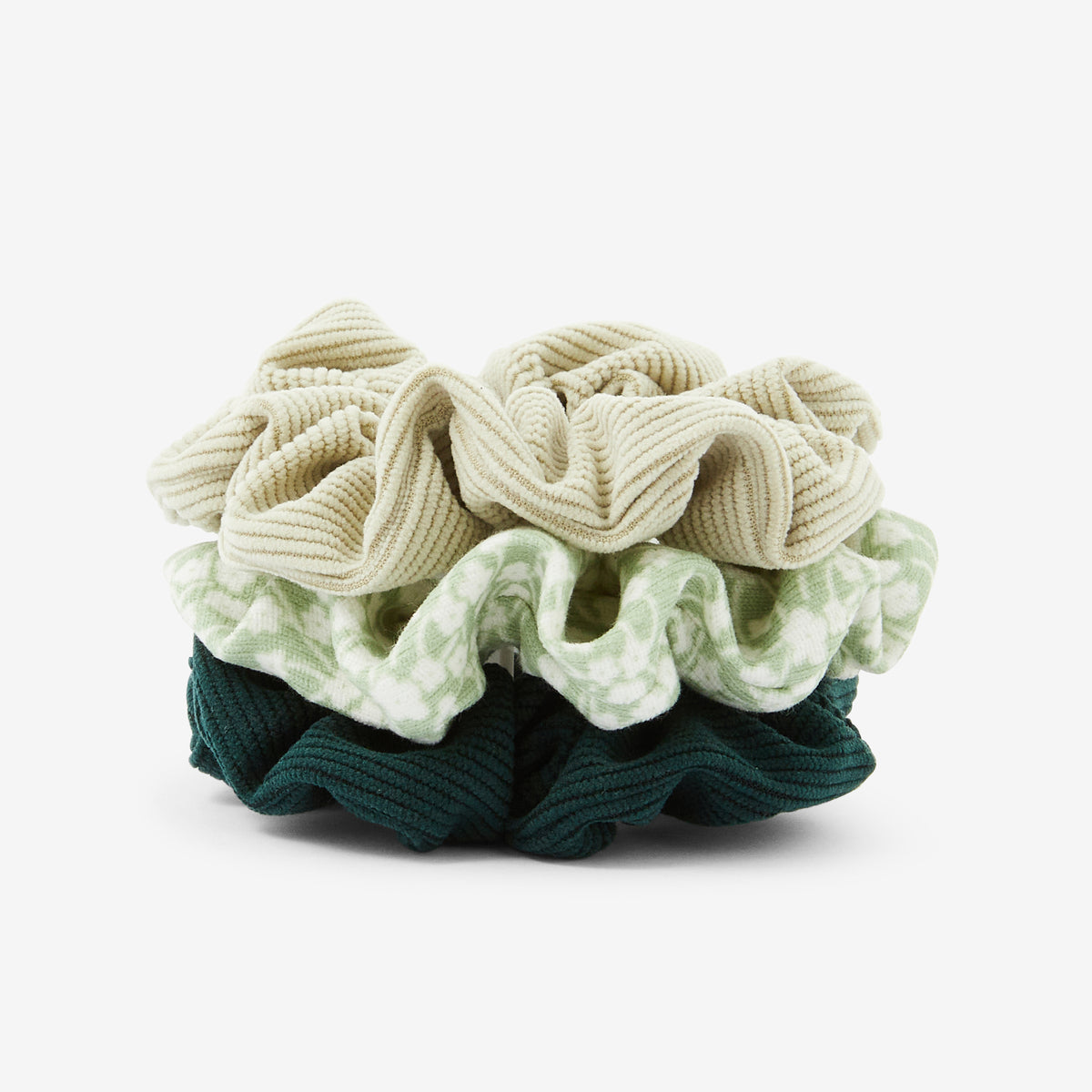 Set de 3 chouchous verts unis et motif fleurs