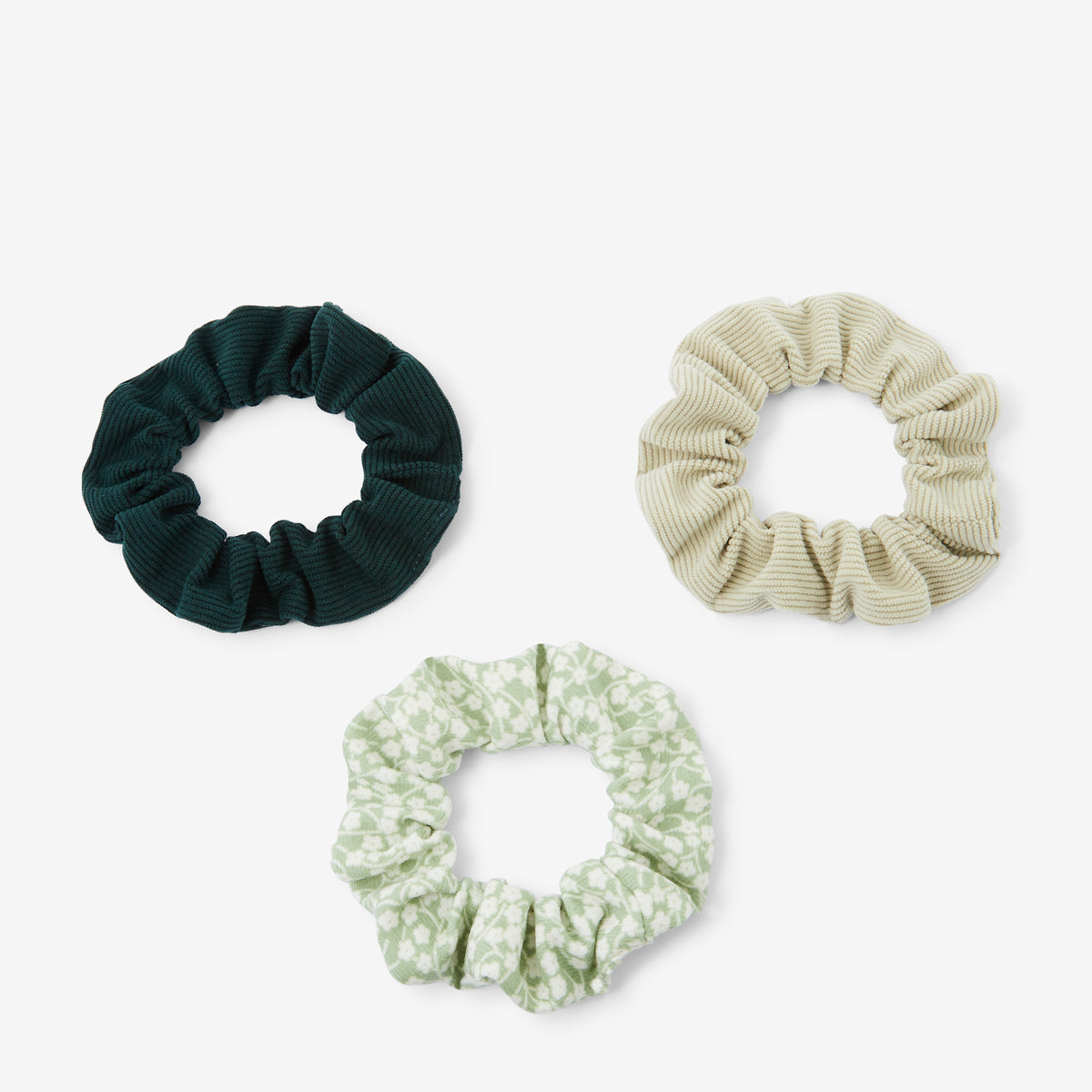 Set de 3 chouchous verts unis et motif fleurs