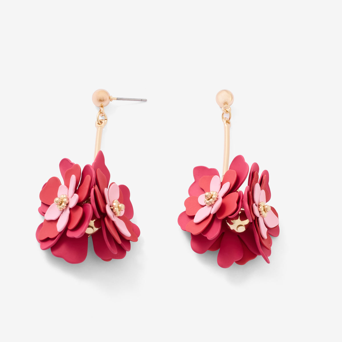 Boucles d’oreilles longues tige 3 fleurs fuchsia