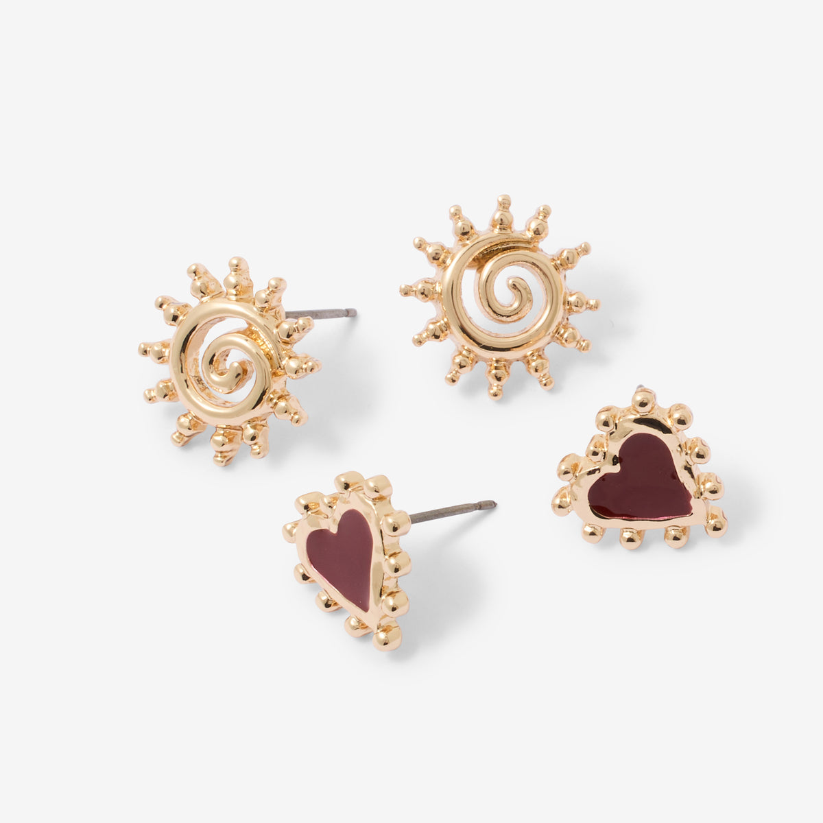 Set de 2 paires de boucles d'oreilles cœurs et soleil