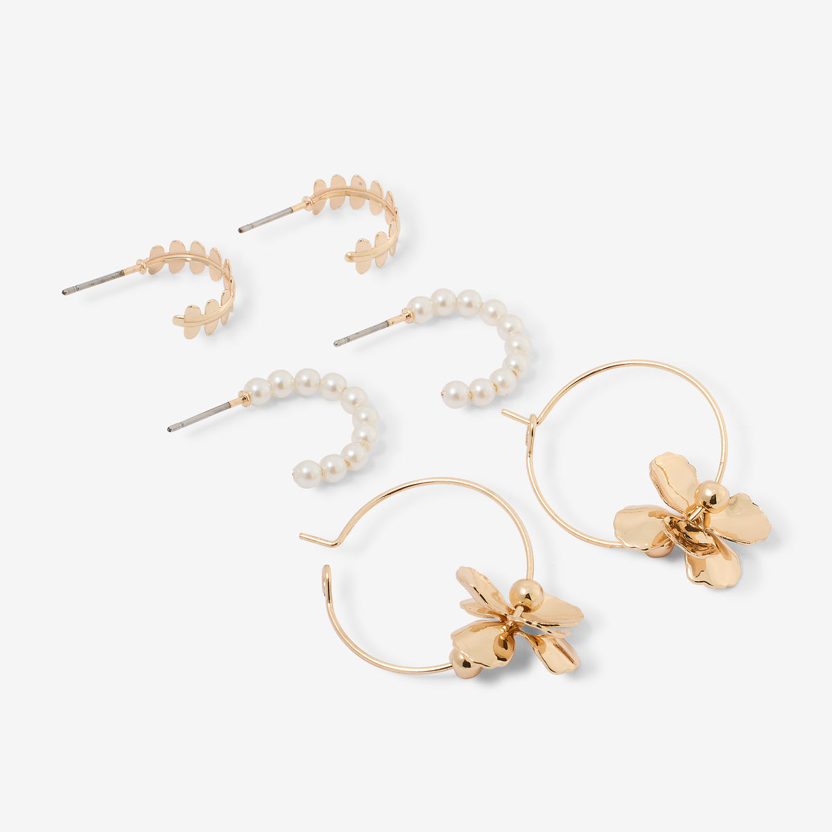 Set de 3 petites créoles fleurs et perles