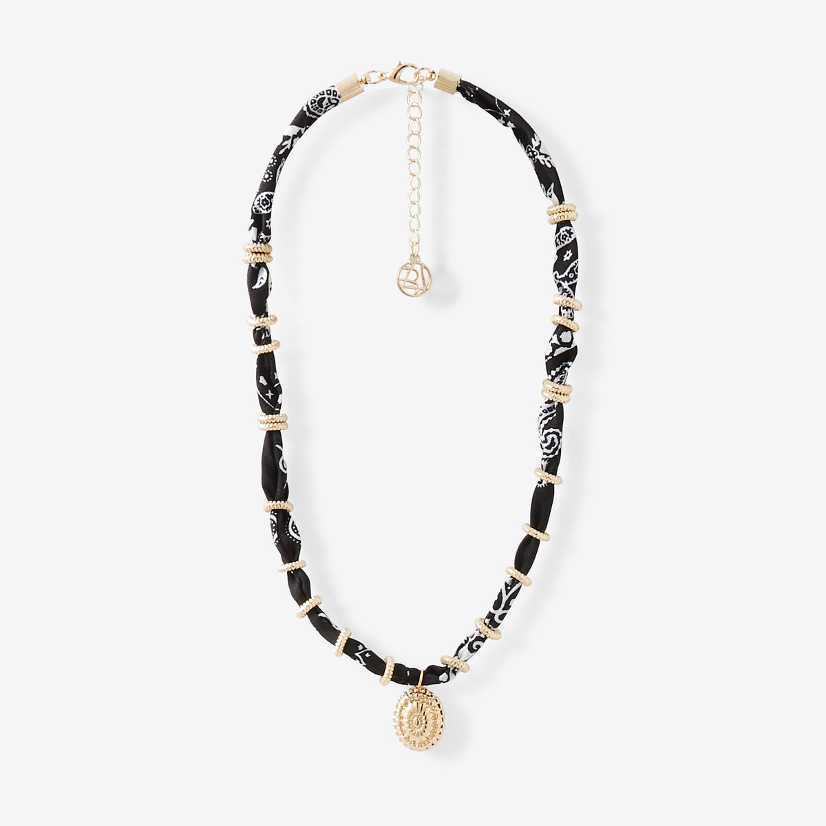 Collier tissu à breloques noir et doré