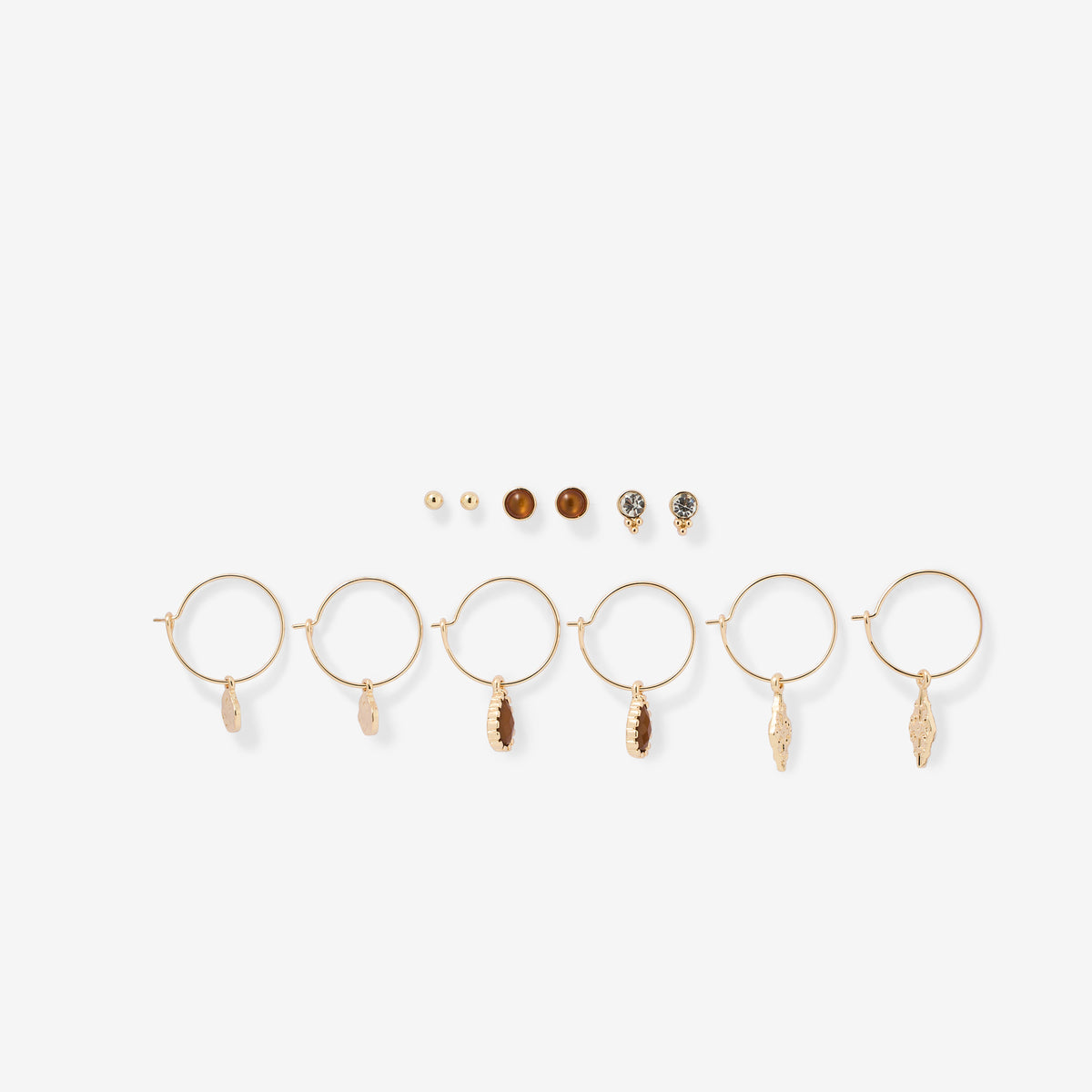 Set x6 paires boucles d'oreilles : puces et créoles à pendentifs