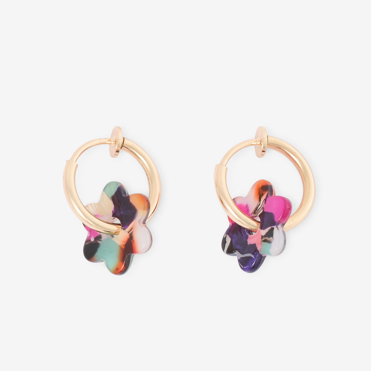 Boucles d'oreilles clips - créoles fleurs multicolores
