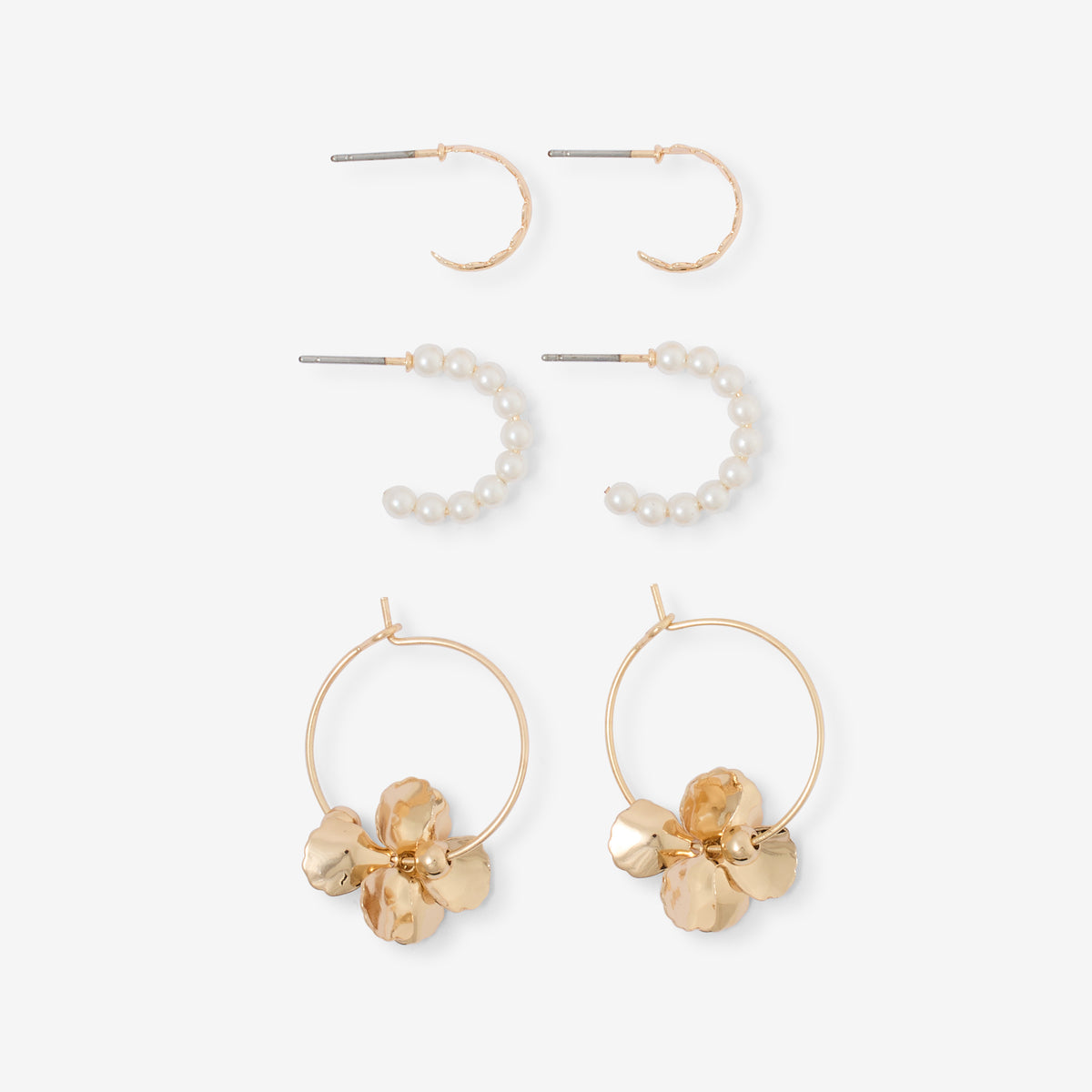 Set de 3 petites créoles fleurs et perles