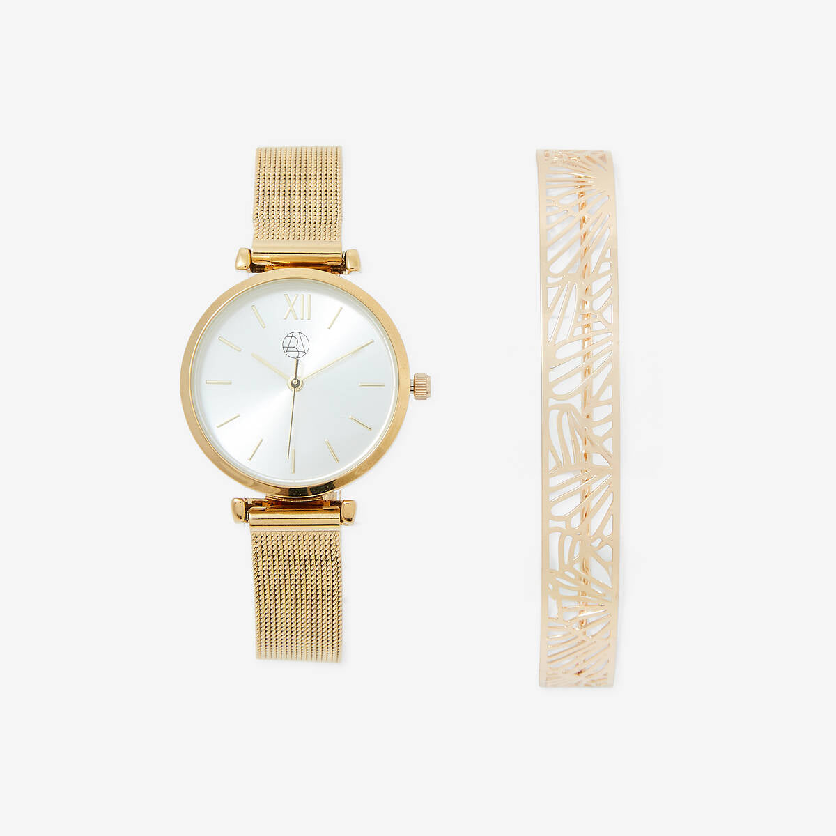 Coffret montre cadran rond bracelet maille et sa manchette