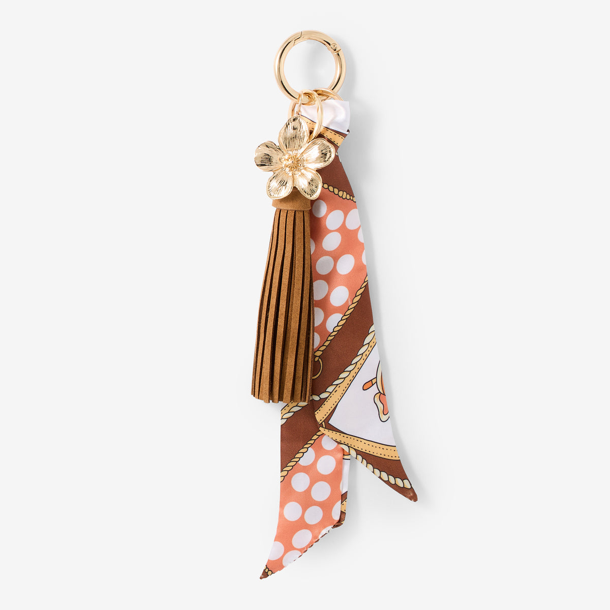 Bijoux de sac foulard imprimé, pompon et fleur