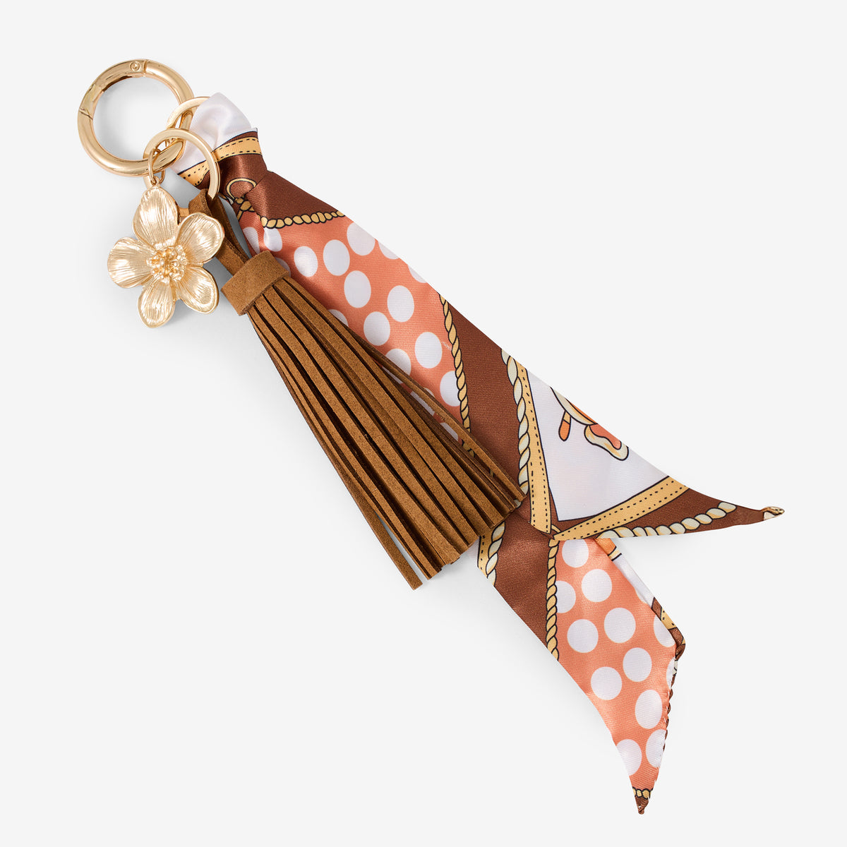 Porte-clés foulard imprimé, pompon et fleur