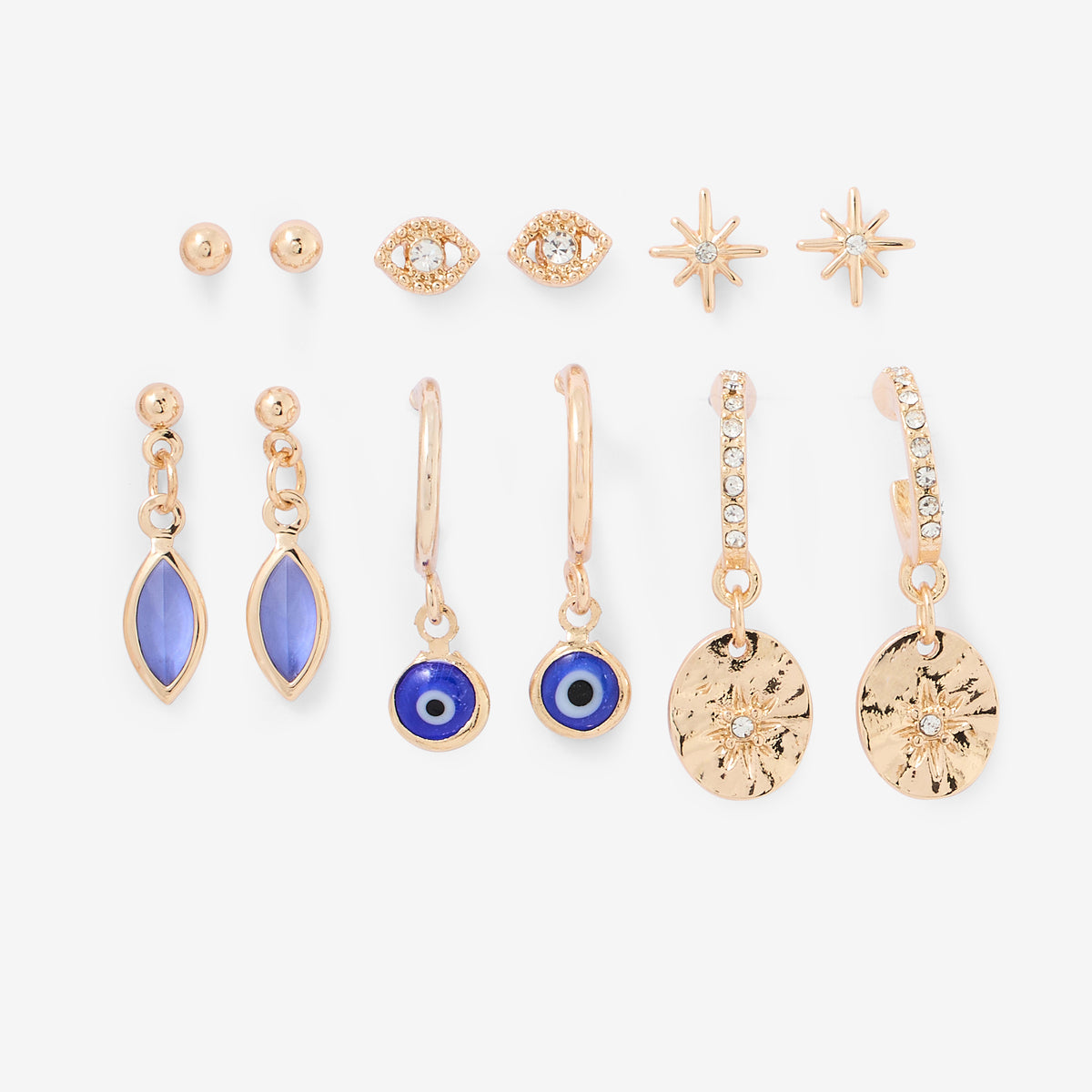 Set x6 paires boucles d'oreilles : puces et créoles œil bleu