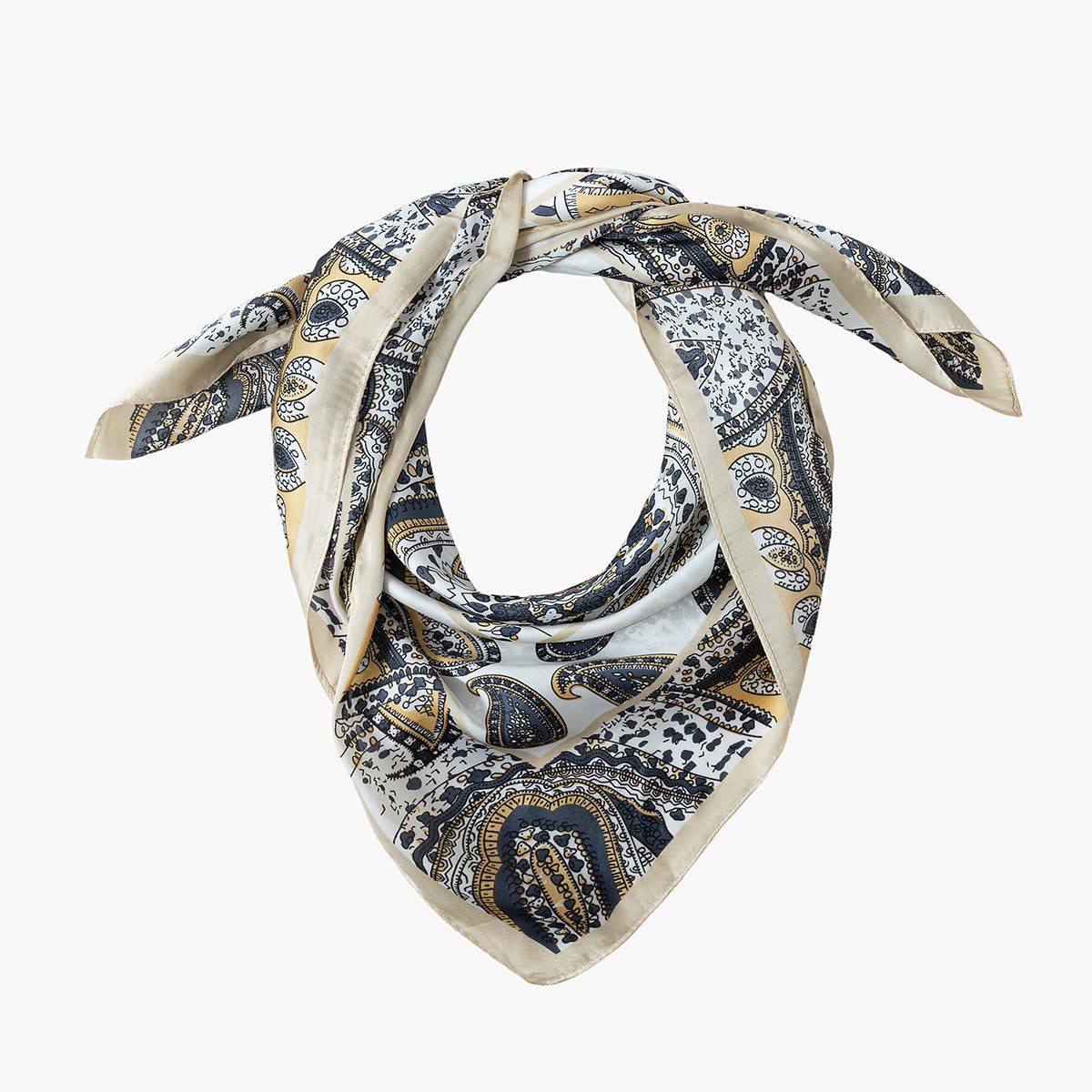 Foulard carré motif paisley beige et noir