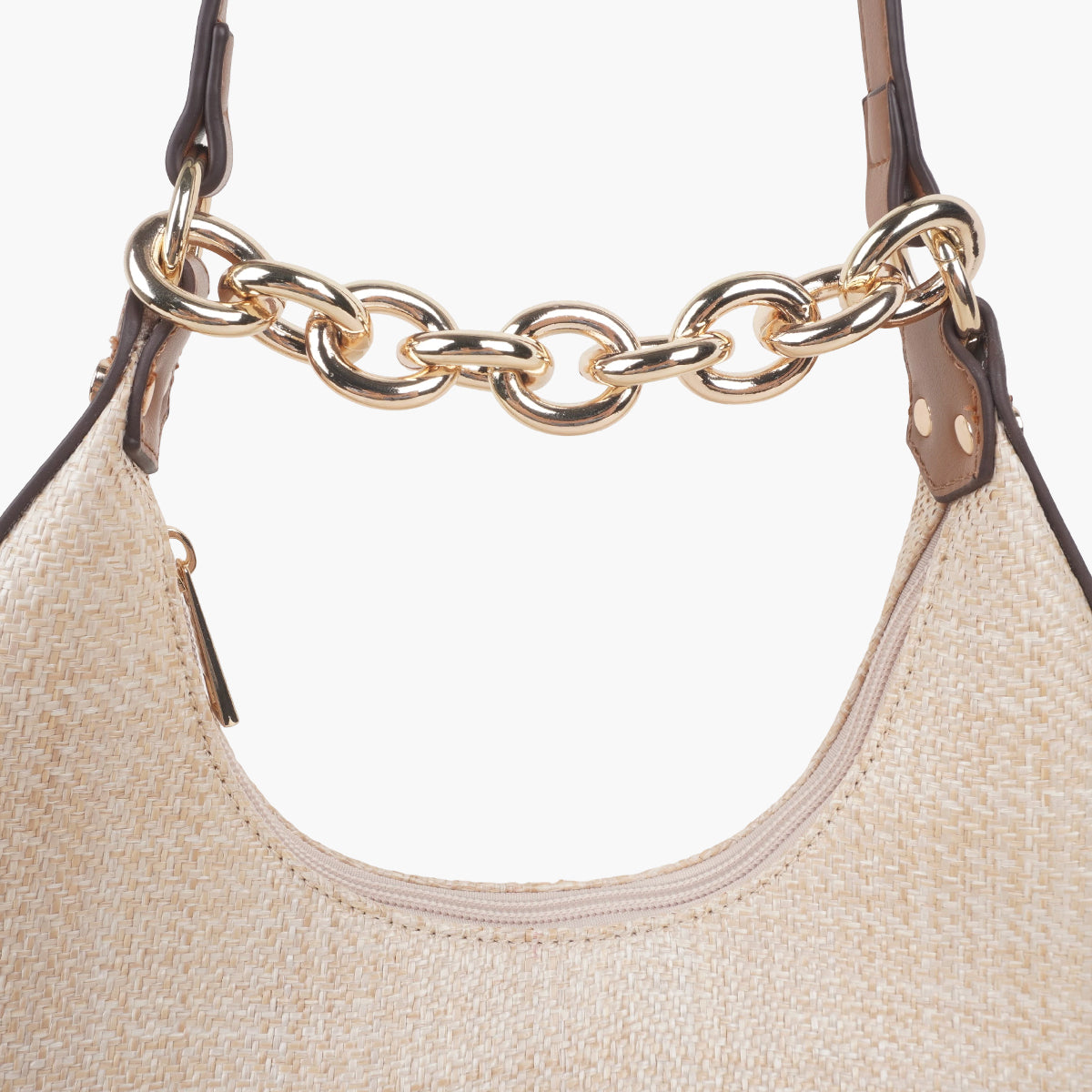 Sac demi lune effet paille écru et camel