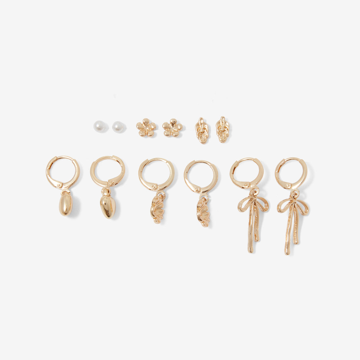Set x6 paires boucles d'oreilles : puces et créoles cœurs, fleurs et nœuds