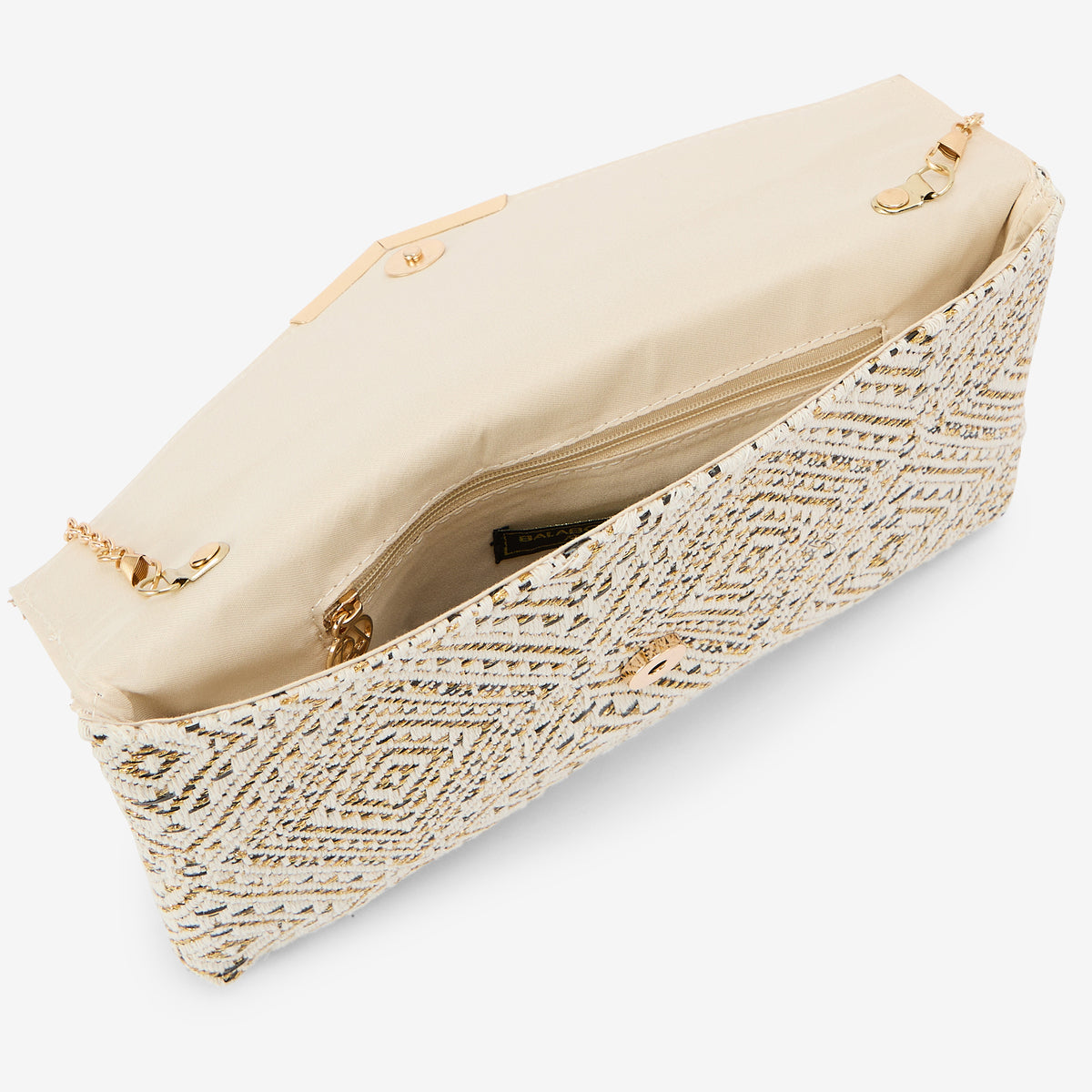 Pochette effet paille à motif géométrique écru