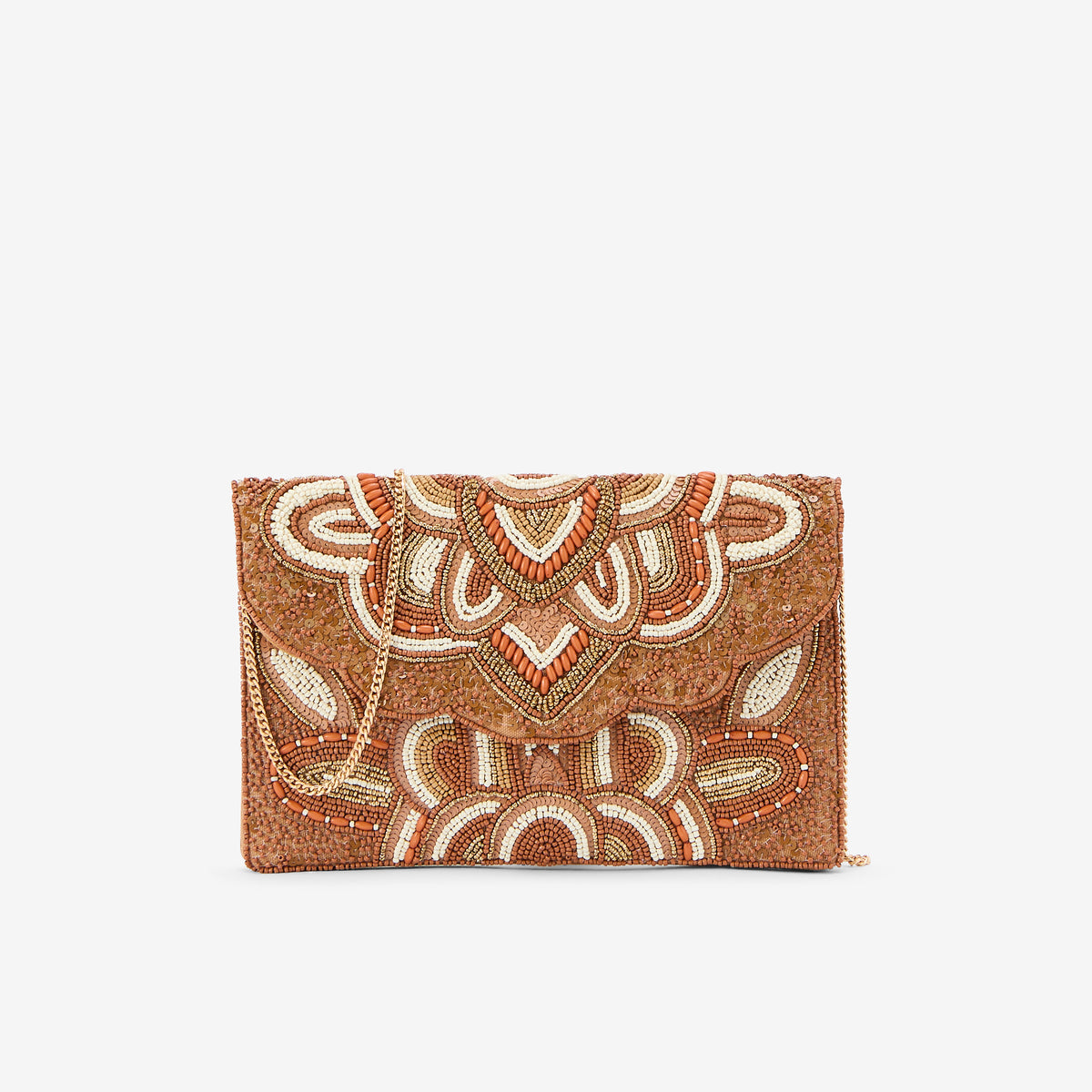 Pochette perlée marron et orange à motif mandala