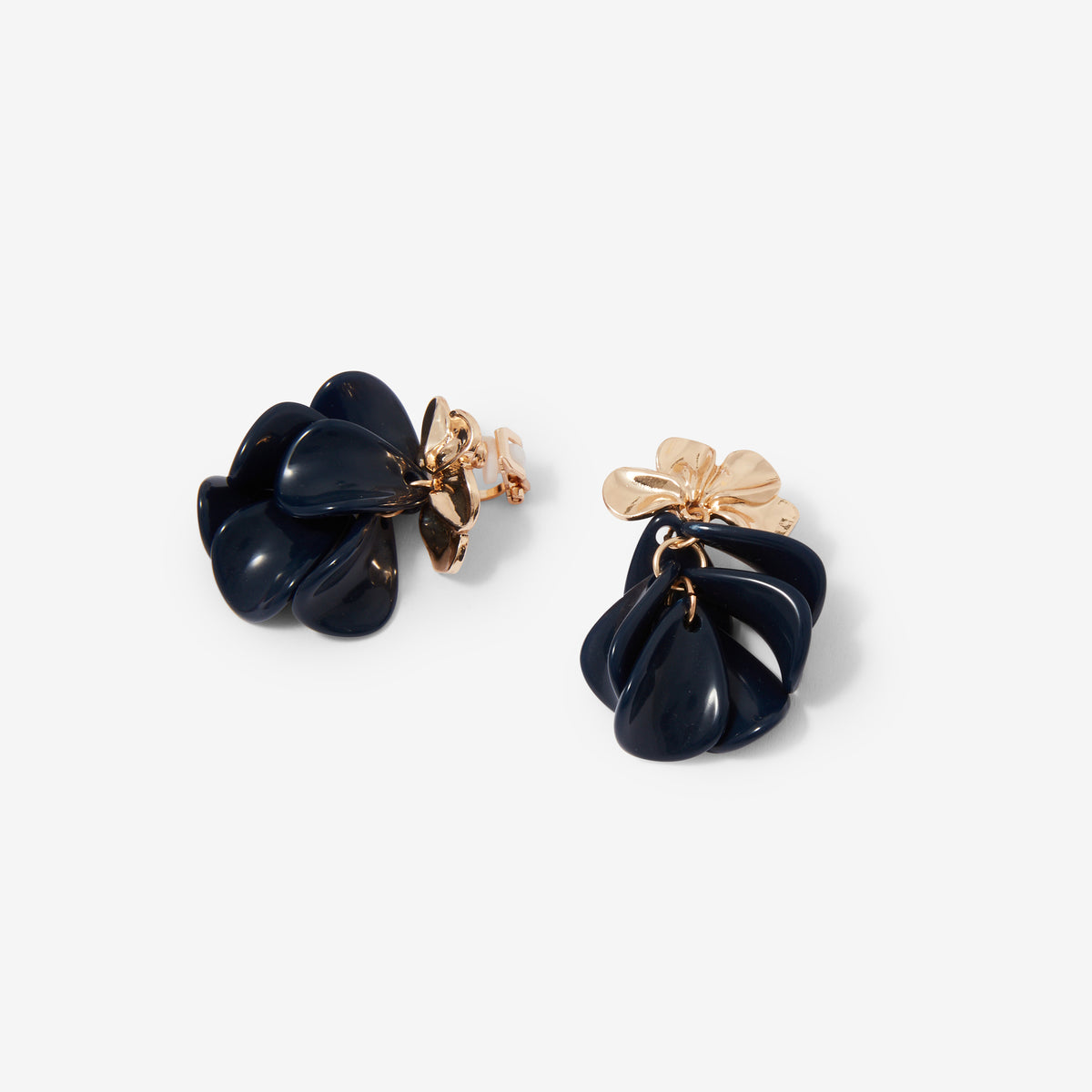 Boucles d'oreilles clips - fleurs et pétales bleu foncé