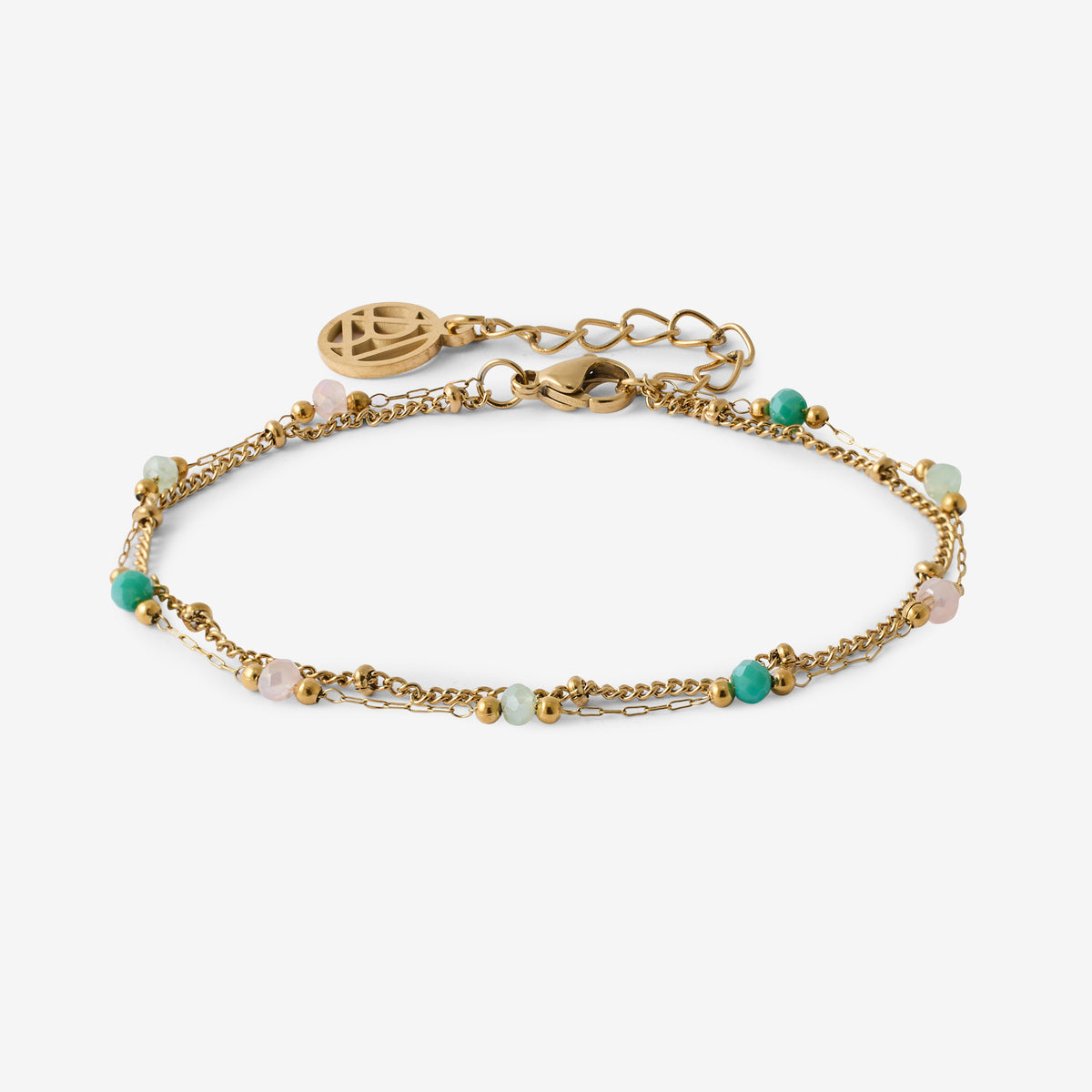 Bracelet chaîne 2 rangs perles facettées vertes acier inoxydable