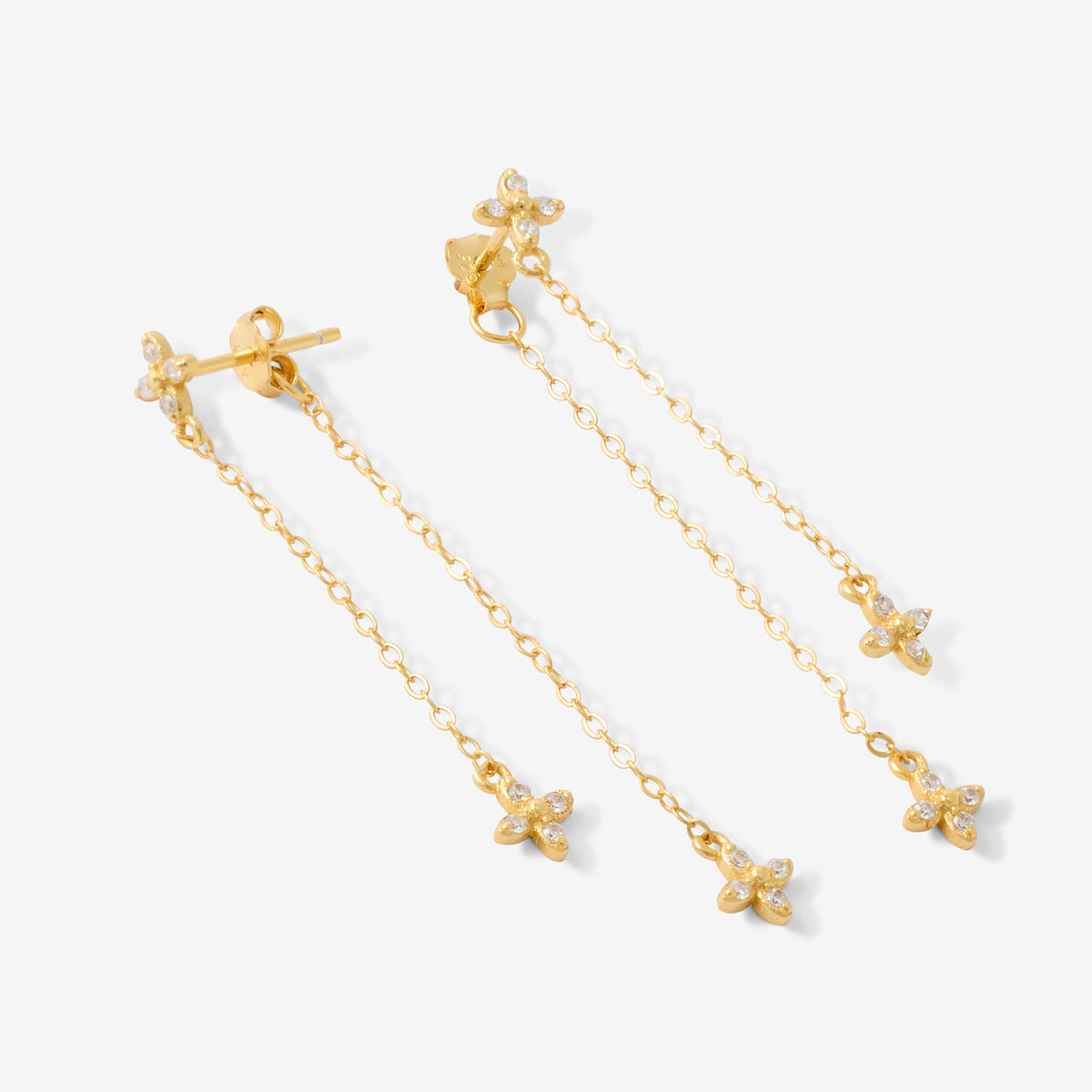 Puces d'oreilles chaine et pétales avec zirconium en argent garanti